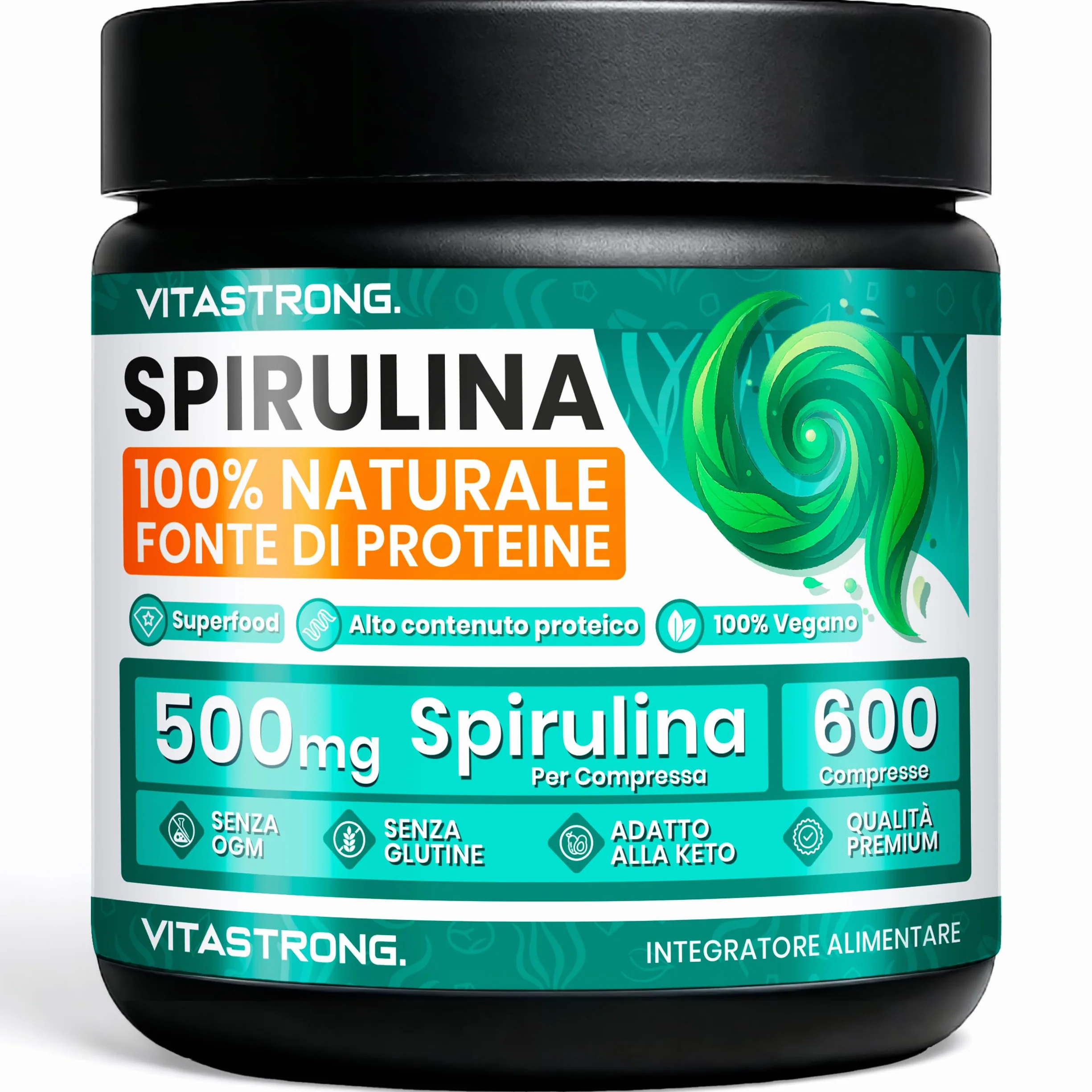 Vitastrong Spirulina Compresse 3000mg 600 Compresse Vegan Alto Contenuto Proteico Integratore Alimentare Senza Glutine OGM