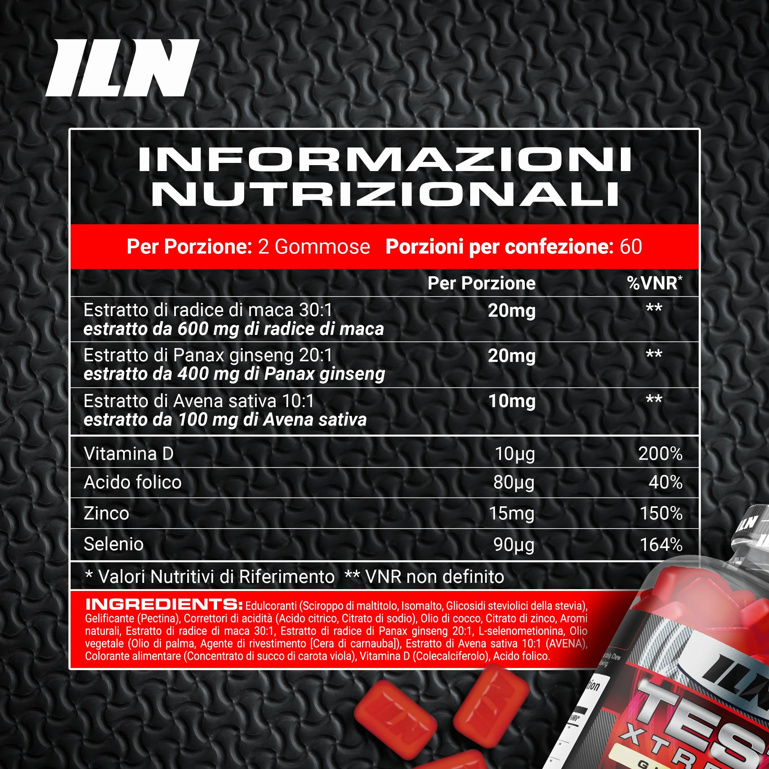 Test Xtreme Gommose Uomo - Booster Alta Potenza con Maca 30:1, Ginseng, Zinco - Senza Zucchero, Frutti di Bosco - 120 Gommose Vegane