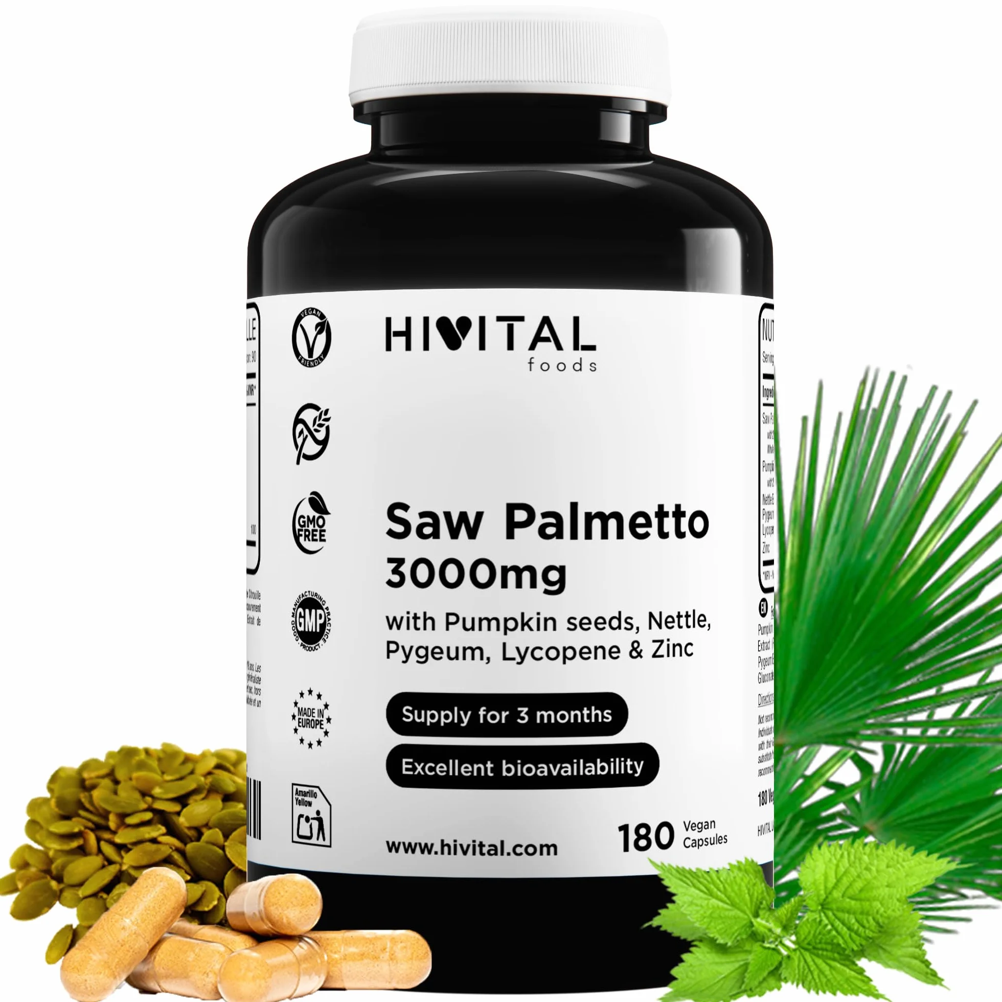 Saw Palmetto 3000 mg 180 capsule vegane Serenoa Repens Sabal Serrulata Semi di zucca Ortica Pigeum Africanum Licopene Zinco HIVITAL