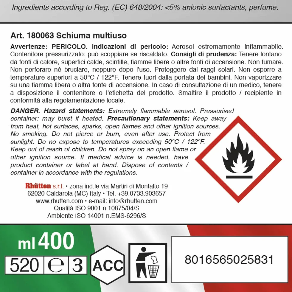 Schiuma Multiuso Igienizzante con Ammoniaca 400ml Spray Detergente per Superfici Lavabili