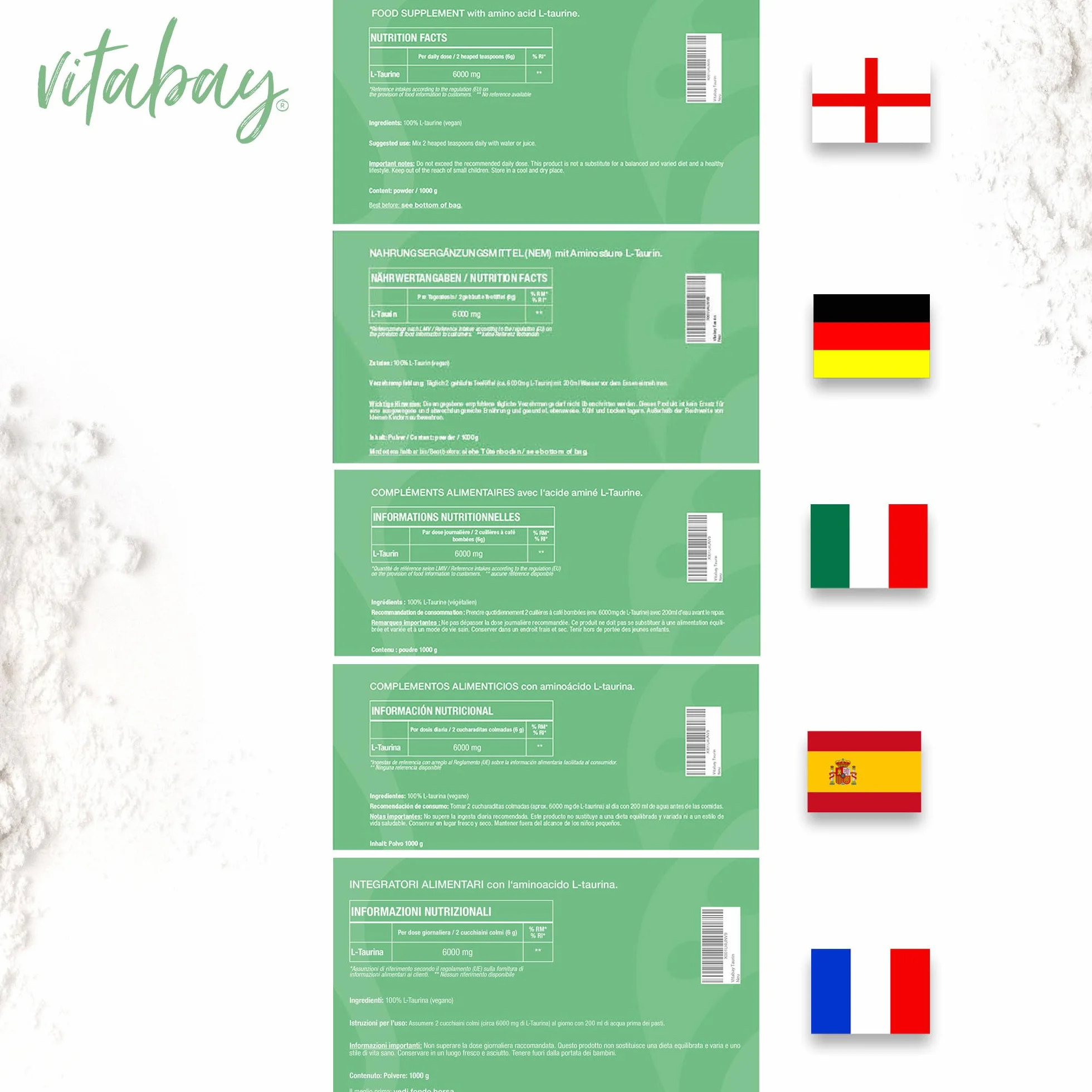 Vitabay Taurina Polvere 1 kg – Taurina 6000 mg Vegan Supplemento