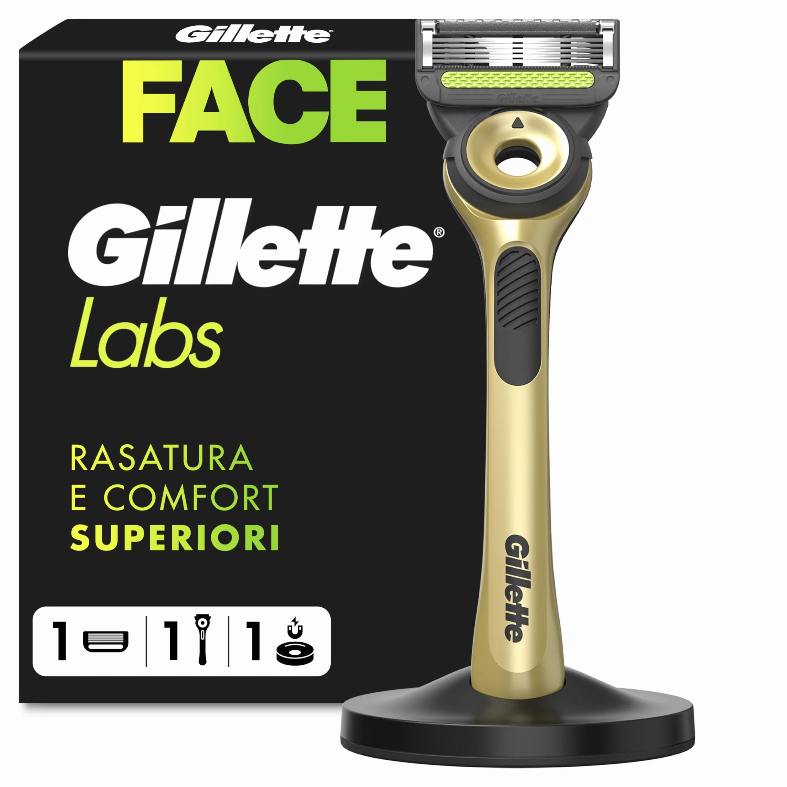Gillette Labs con Barra Integrata, Rasoio Barba Manuale, 1 Manico, 1 Lamette Gillette di Ricambio, con Base Magnetica, Edizione dei Campioni, Oro, Rasoio Barba e Lamette di Ricambio