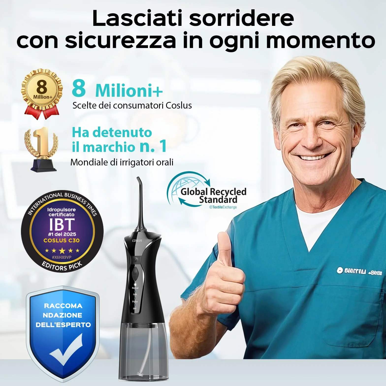 COSLUS C30 Idropulsore Dentale Portatile: 300ml Irrigatore Orale Senza Fili, 4 Modalità Idropulsore Dentale, Vincitore del Test 30 Giorni, Facile da Usare, IPX7 Impermeabile, Nero
