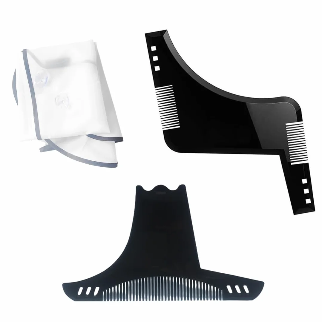 Set di Accessori per Barba:2 Pezzi Stencil Pettine per Barba Uomo+Con 1 Pezzo di Stoffa Bianca,Spazzola da Barba,Regalo da Uomo per il Parrucchiere(Nero)