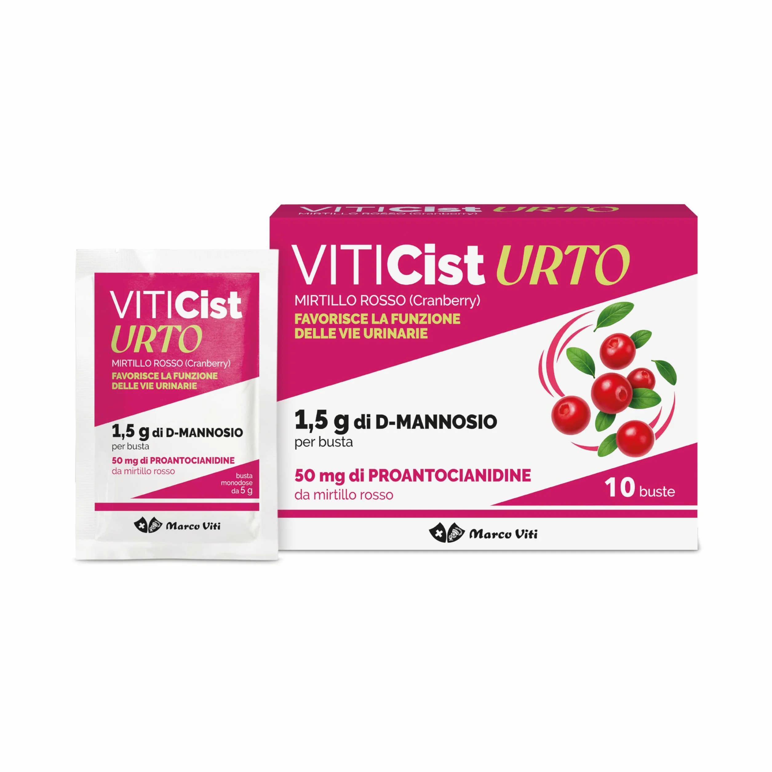 Marco Viti Viticist Urto, 10 Bustine da 3,5 g, Integratore con Cranberry, Uva Ursina, Altea e 1,5 g D-Mannosio, Supporto Vie Urinarie, Senza Glutine, Lattosio e Zuccheri