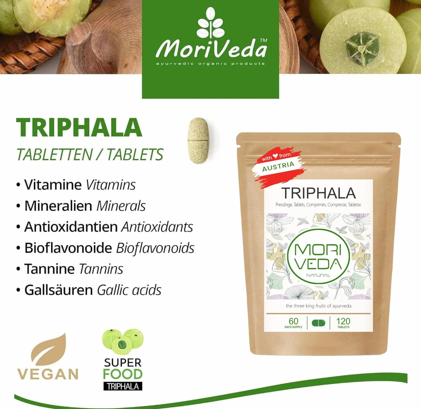 MoriVeda Triphala compresse 1000 mg, miscela ayurvedica di tre frutti composta da amla, haritaki e bibhitak, integratore vegetale vegano, 3x 120 compresse