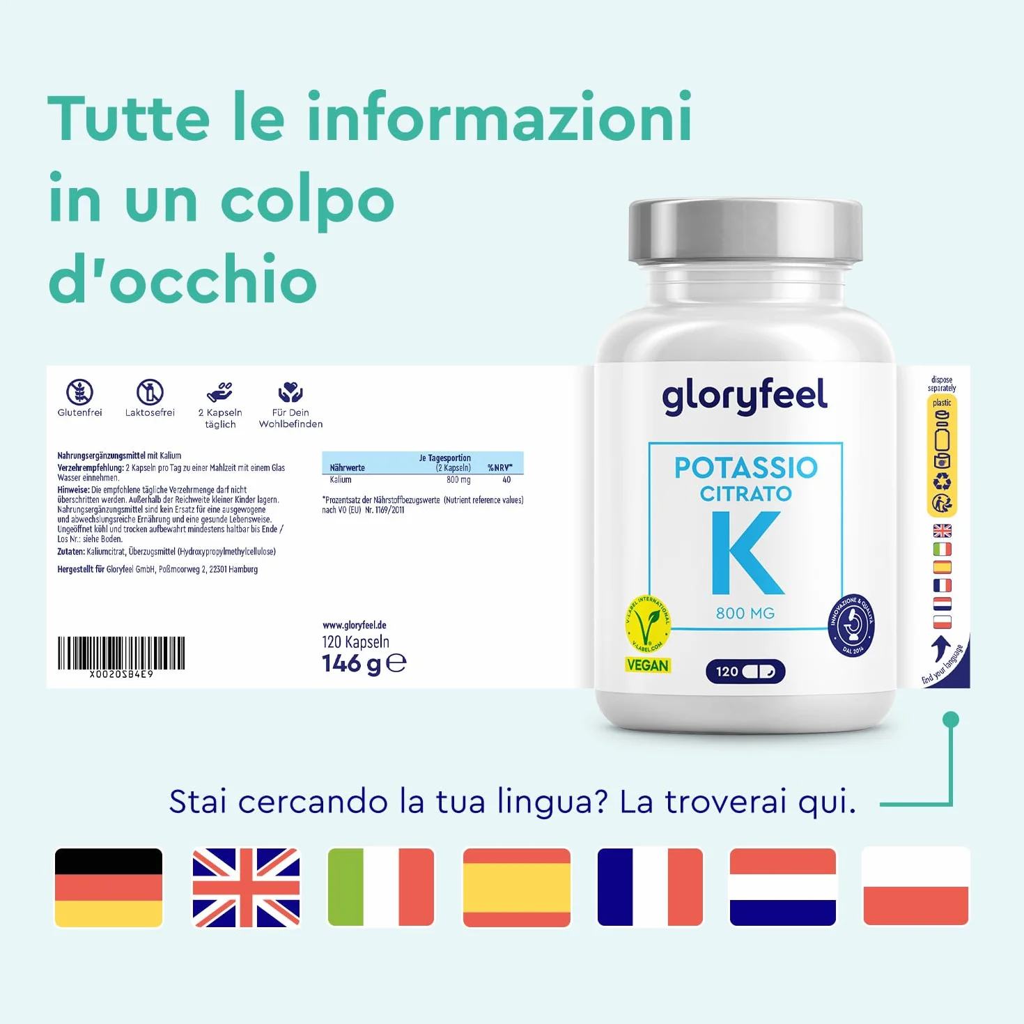 Potassio 120 Capsule (2 Mesi) - 800mg Potassio Elementare (Citrato) alto Dosaggio - Per Pressione Sanguigna, Funzione Muscolare e Sistema Nervoso* - Vegano, Testato in Laboratorio e senza Additivi
