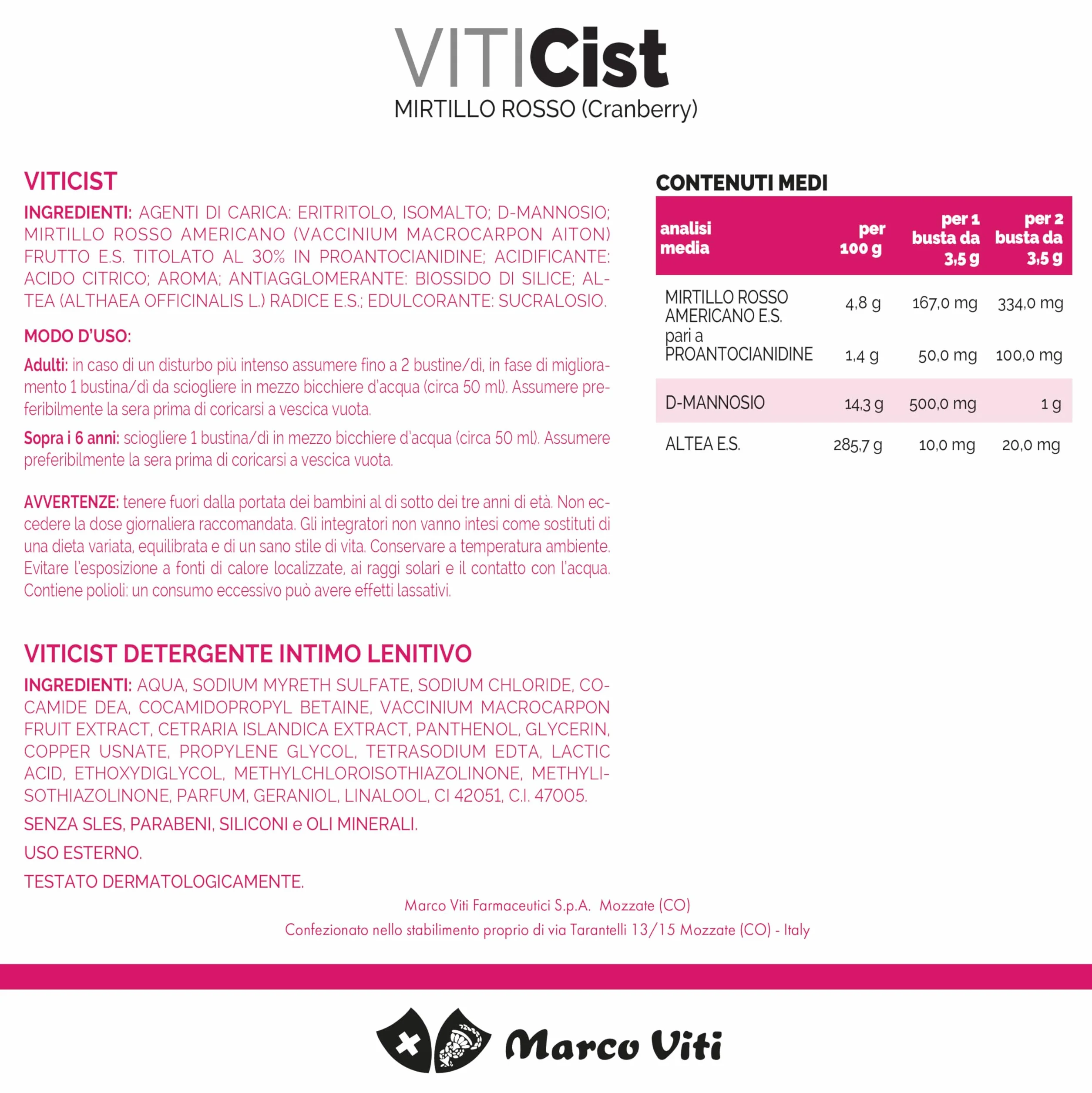 Marco Viti Viticist Kit Integratore con Cranberry e D-Mannosio + Detergente Intimo Lenitivo, 14 Bustine 3,5 g + 250 ml, Supporto Vie Urinarie