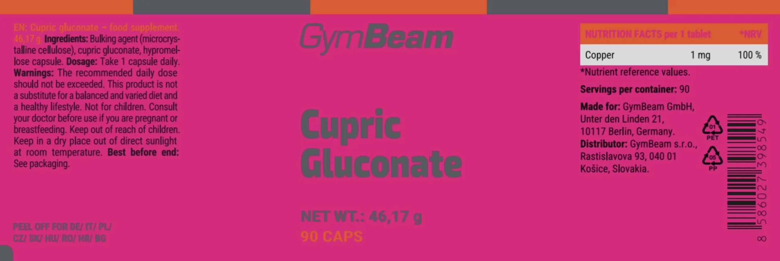 GymBeam Gluconato di Rame - Integratore di Rame per Capelli e Tessuti Connettivi - Alta Biodisponibilità - Capsule Vegane - Supporta Sistema Nervoso e Immunitario - Non OGM, 90 cps
