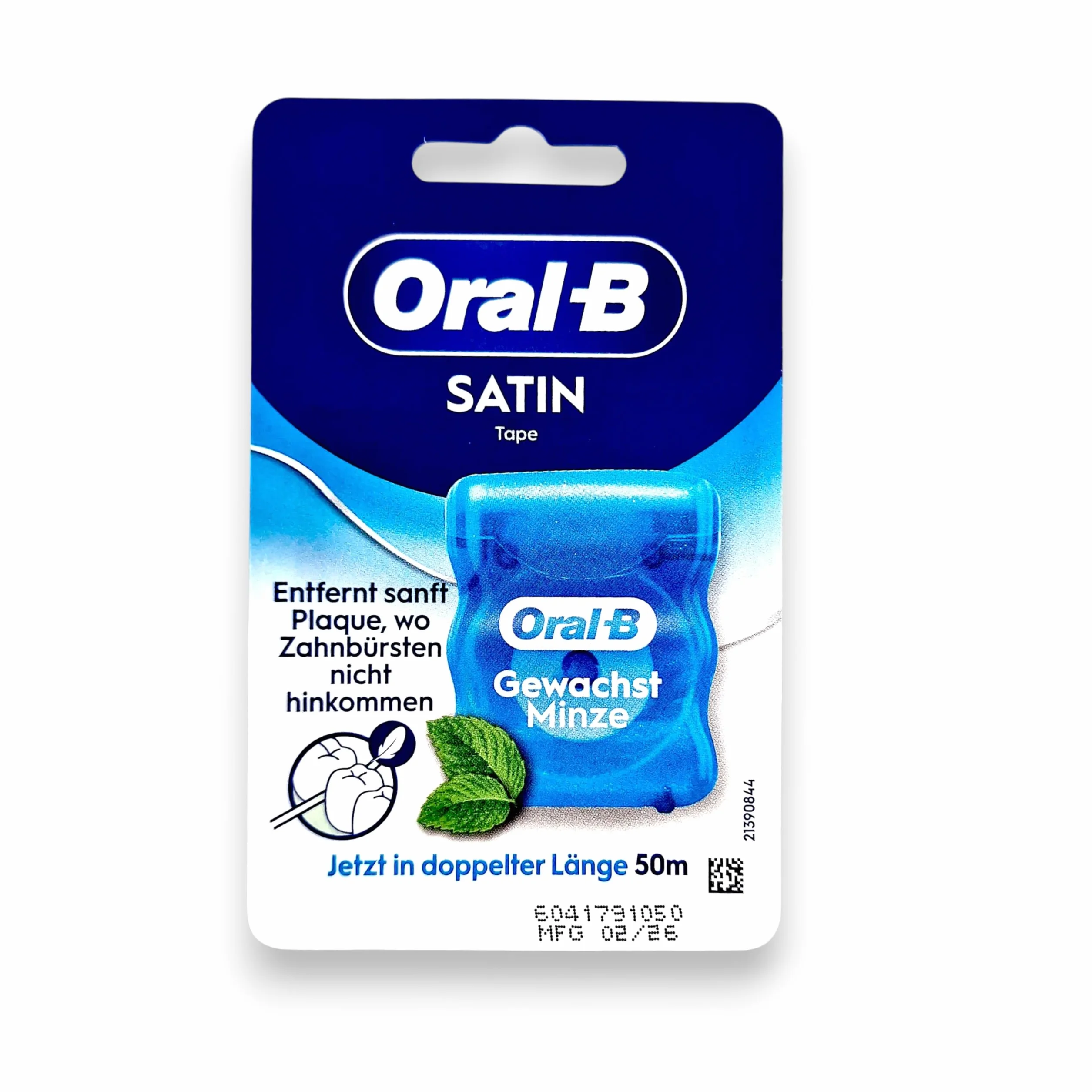 Oral-B Rotolo di nastro satinato per rimuovere la placca, il filo interdentale cerato per spazi ristretti, per una sensazione di freschezza e pulizia, sapore di menta, rotolo da 50 m