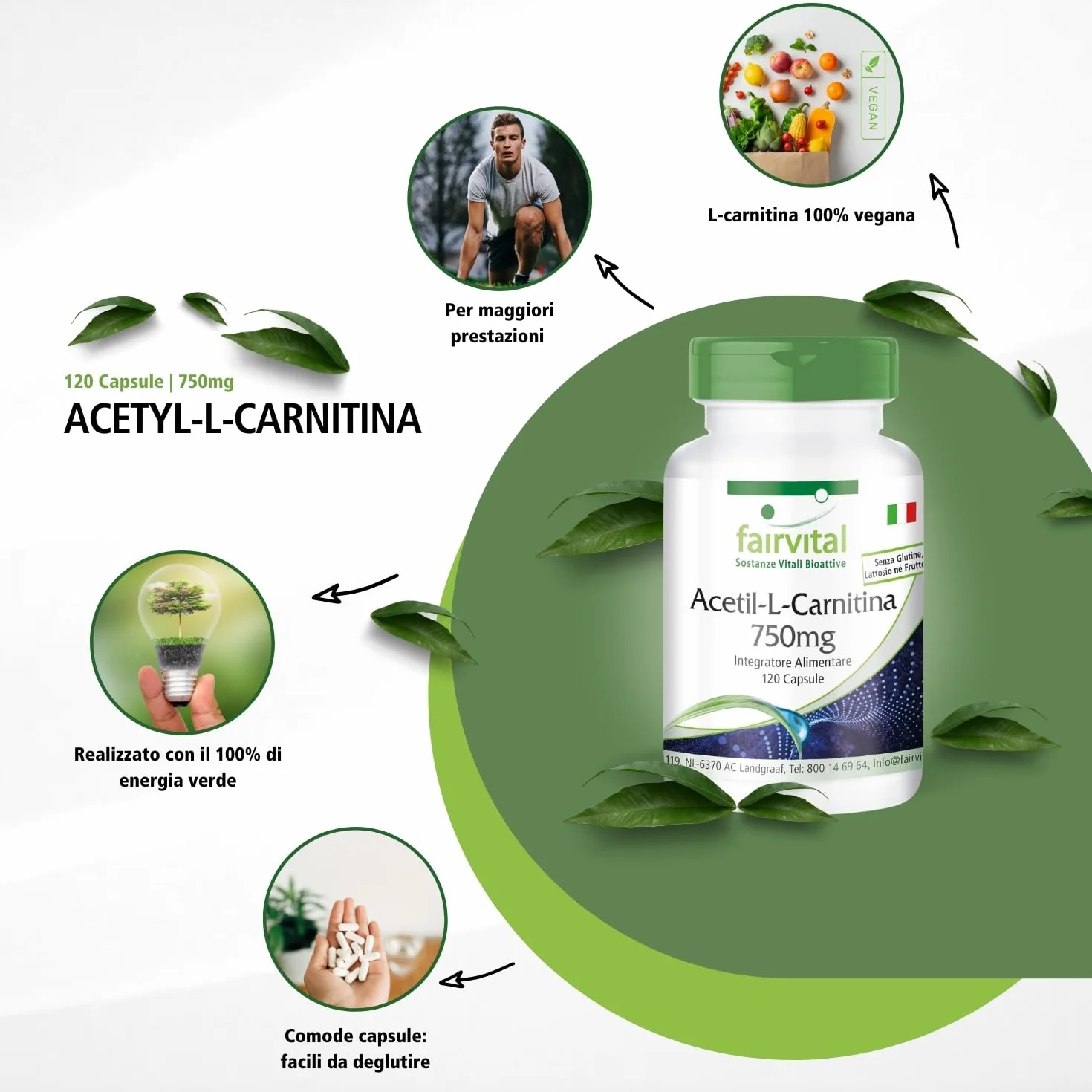 fairvital Acetil-L-carnitina ad alto dosaggio, 750 mg, ALTO DOSAGGIO, VEGANO, 120 capsule