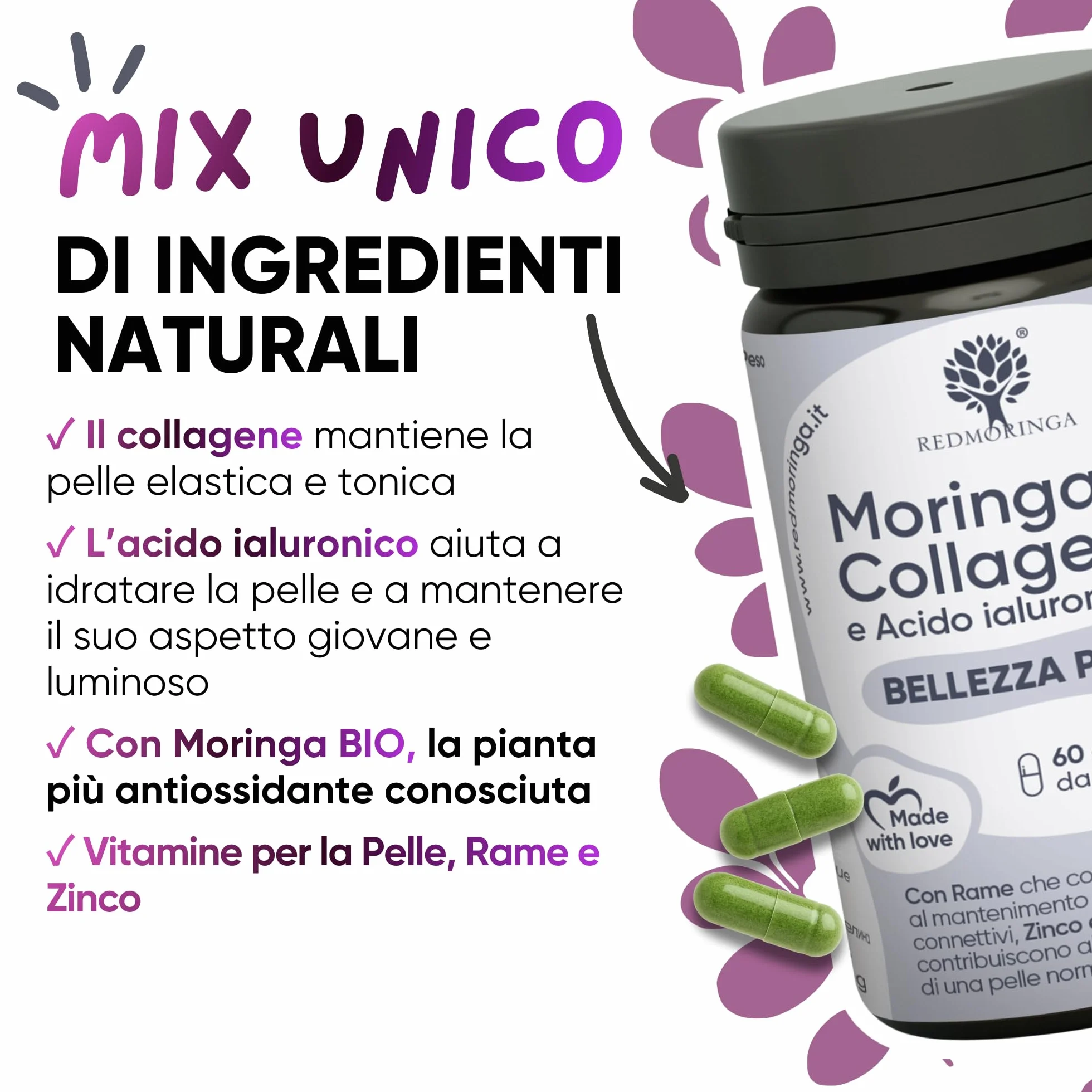 Collagene Marino Idrolizzato con Moringa BIO Integratore Pelle e Articolazioni 60 Capsule RedMoringa