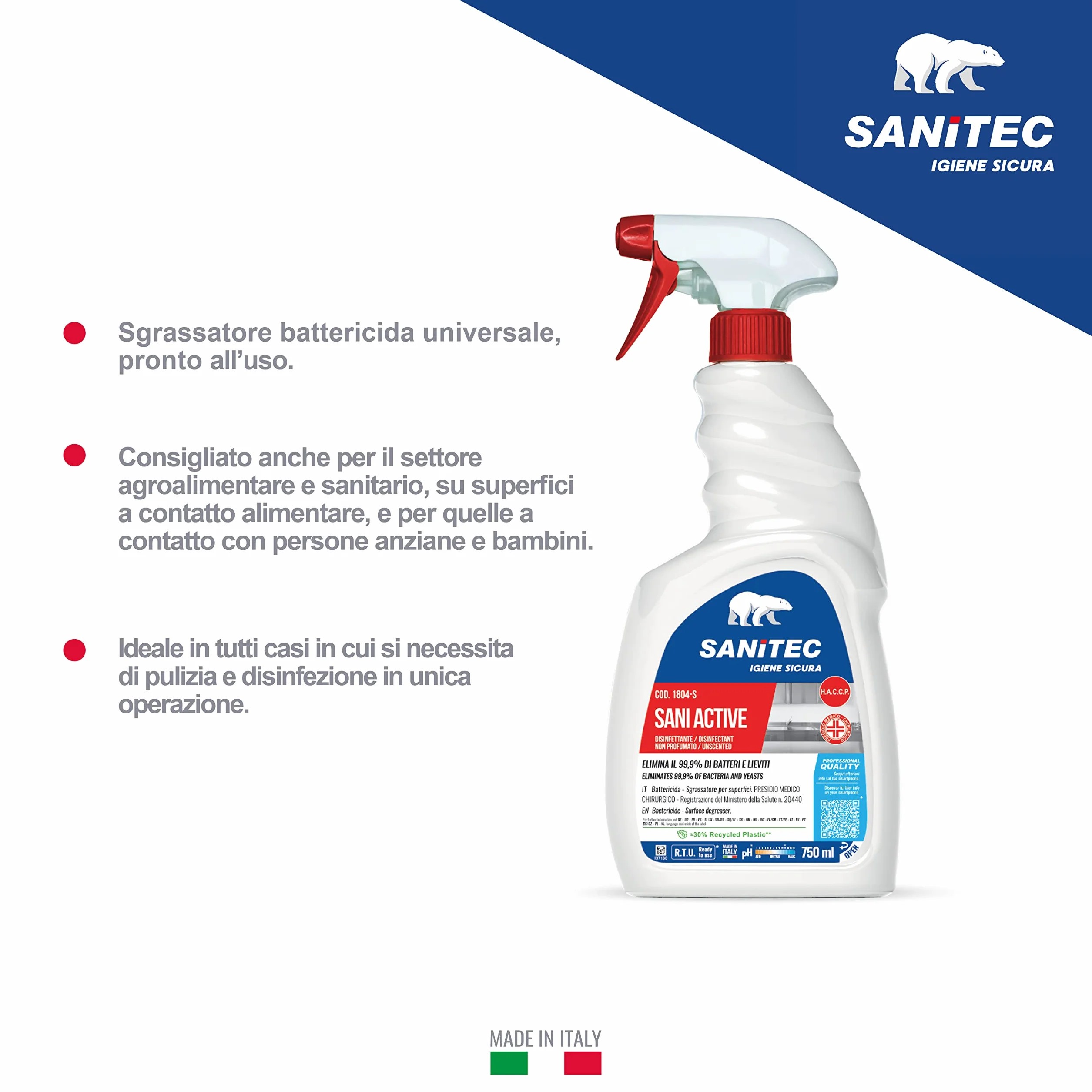 SANITEC Sani Active Spray Disinfettante Sgrassante Universale 750 ml 6 Confezioni