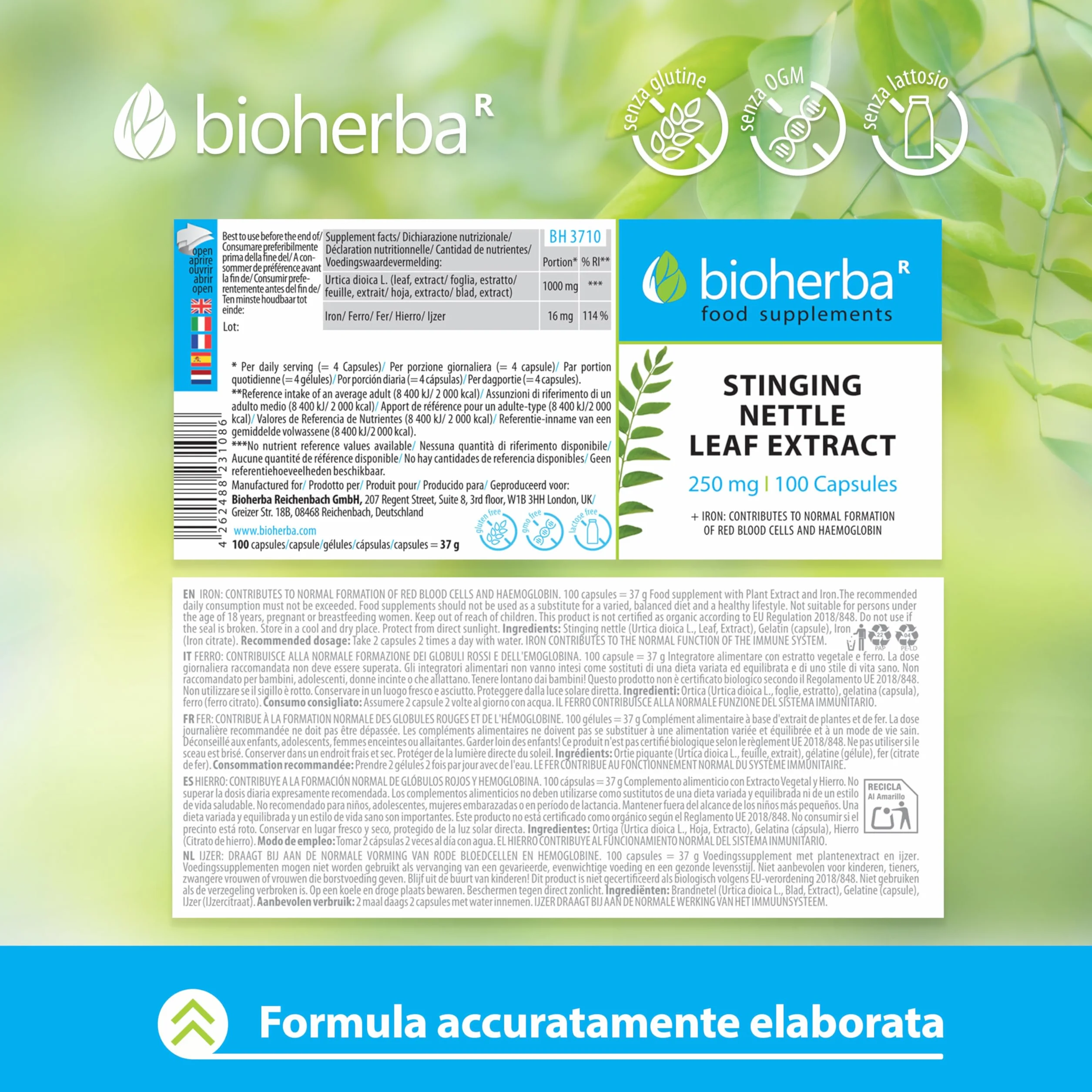 BIOHERBA Ortica Forte Integratore Naturale 250 mg Ferro 200 Capsule