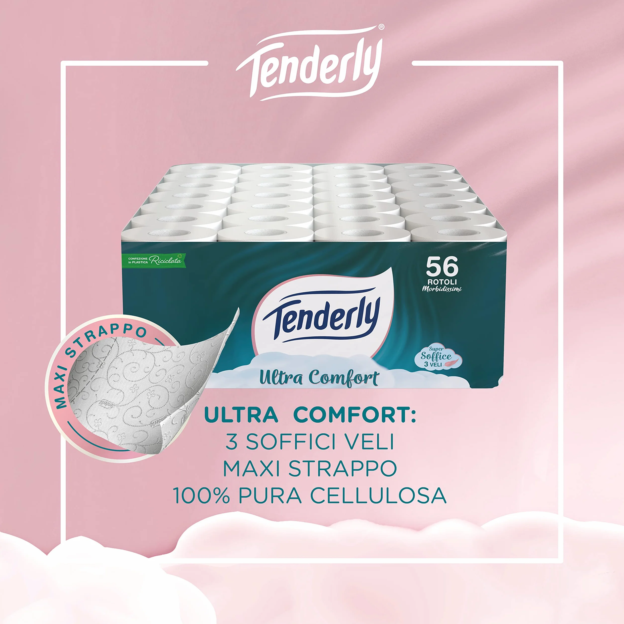 Tenderly Carta Igienica 3 Veli 56 Rotoli 200 Strappi Delicata sulla Pelle
