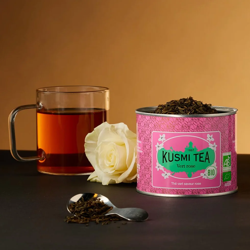 Kusmi Tea - Verde alla Rosa Bio - Tè Verde Biologico - Miscela di Tè Verde con Rosa - Tè in Foglie Sfuse - Scatola di Tè da 100g - Quantità per circa 50 tazze