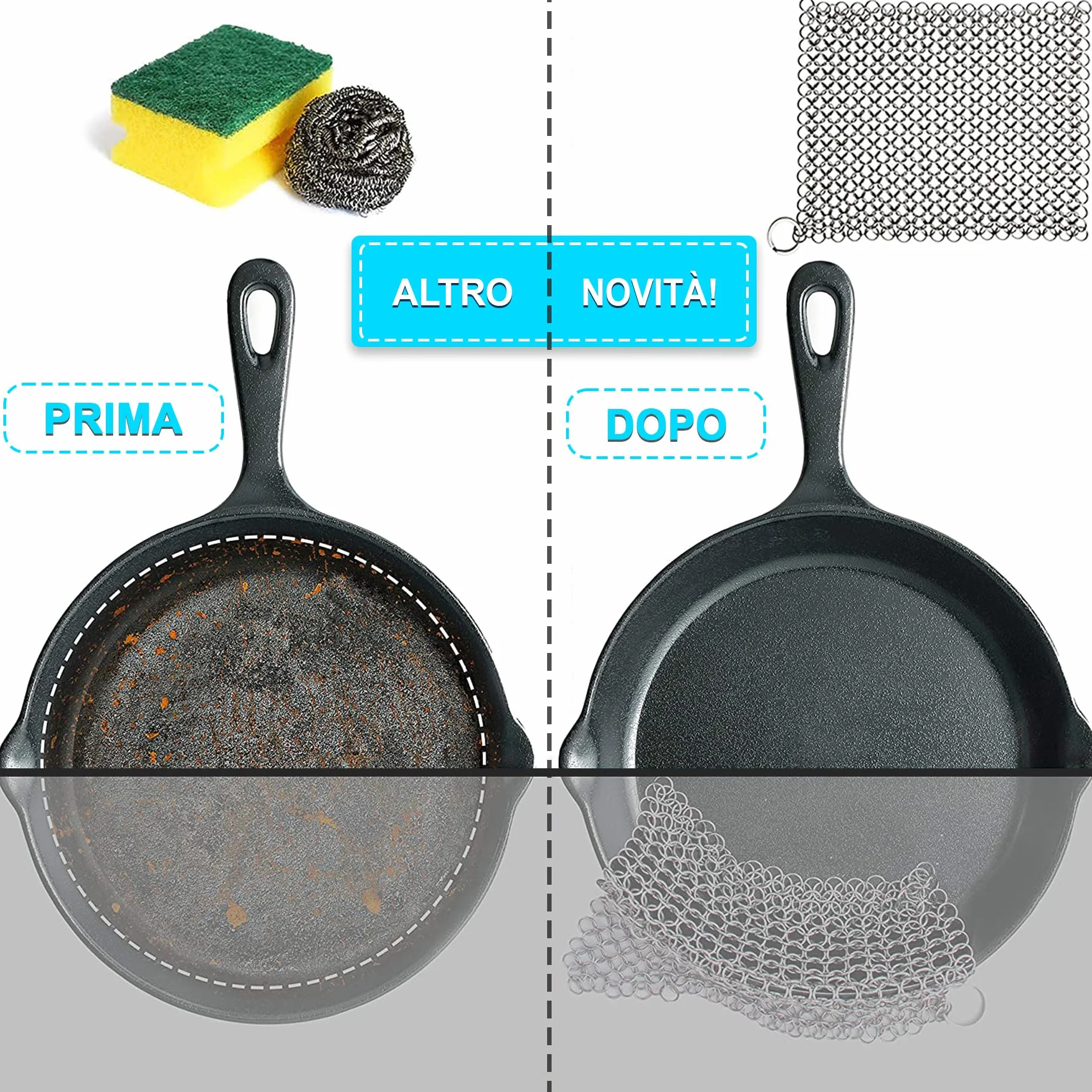 Candure Detergente per Ghisa Scrubber Acciaio Inox 7x7 Pollici per Griglie Padelle Forni Olandesi
