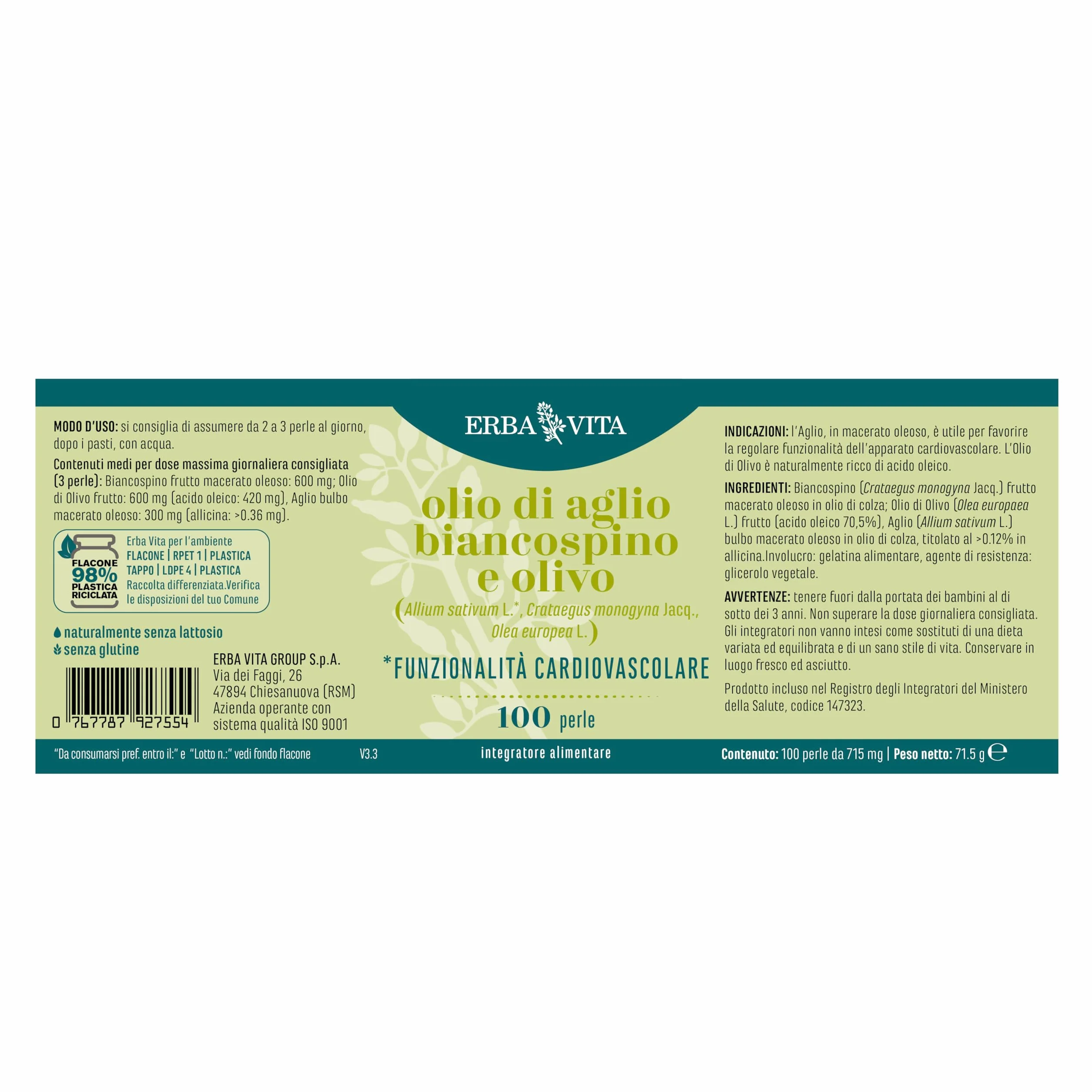 Erba Vita Integratore alimentare di olio di Aglio, olio di Biancospino e olio di Olivo - 100 Perle