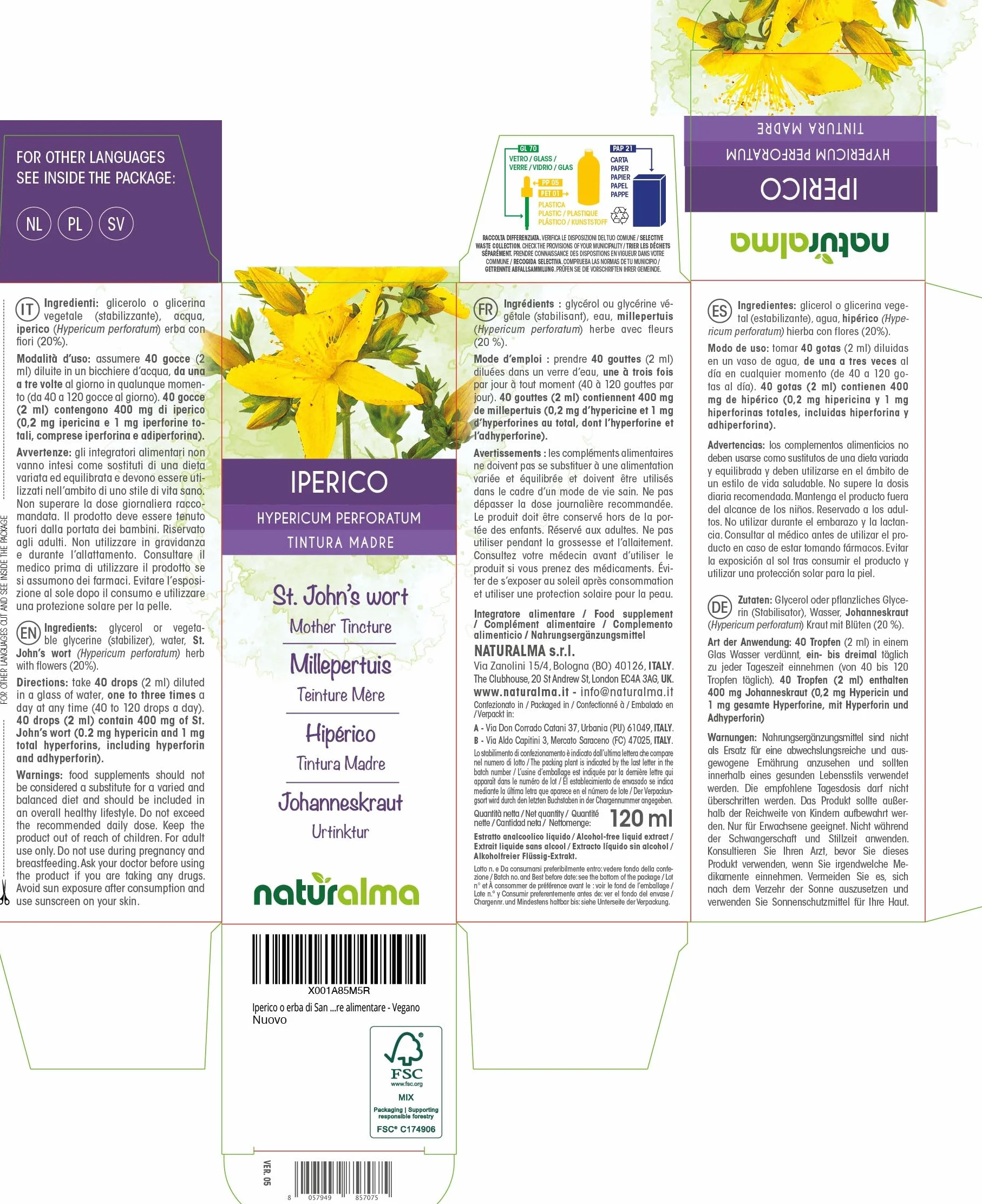 Iperico o erba di San Giovanni (Hypericum perforatum) erba con fiori Tintura Madre analcoolica Naturalma - Estratto liquido gocce 120 ml - Integratore alimentare - Vegano