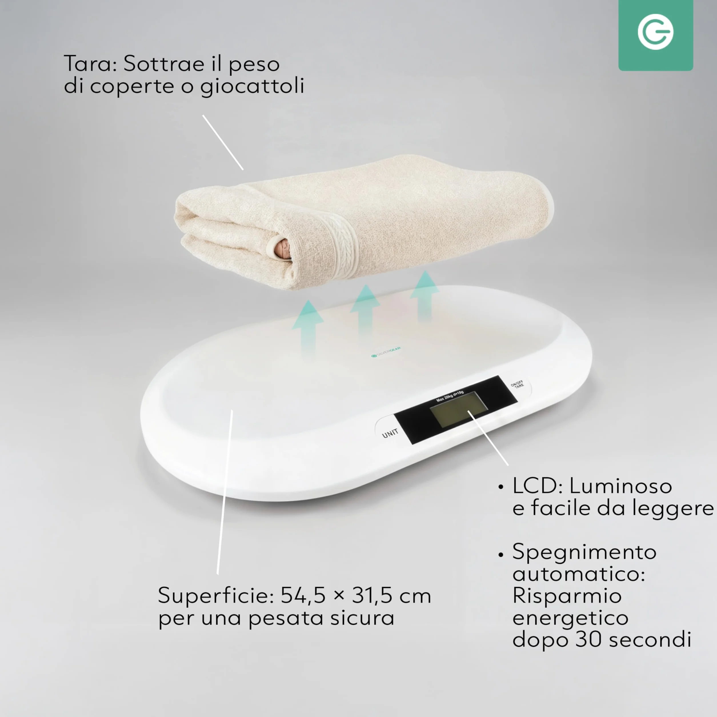 Silvergear Bilancia intelligente per neonati Bluetooth 20 kg app Smart Life 54,5 x 31,5 x 2,7 cm