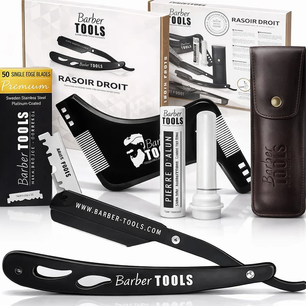 Kit da rasatura uomo - Rasoio per barba uomo/taglio a mano per barba - con 50 Lame Singole + Panno + Stick di allume + Custodia per la conservazione + Pettine guida per rasatura -NERO- BARBER TOOLS