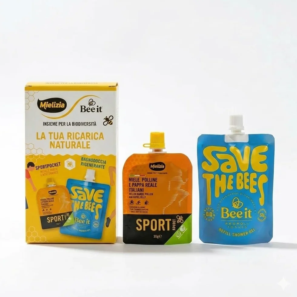 Mielizia Kit Sport Ricarica Naturale SportPocket Miele Polline Pappa Reale Bagnodoccia Rigenerante 250 ml Miele Biologico Cofanetto Energia Recupero Post Workout