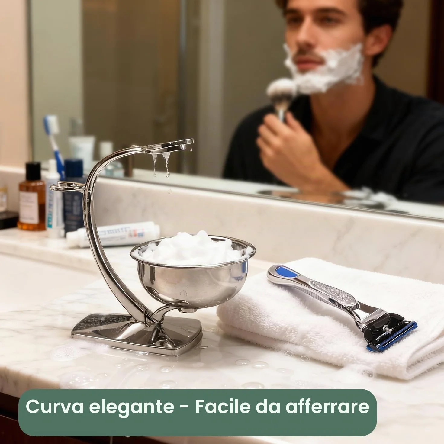 GRUTTI Set di Rasatura 2 in 1 per Uomini - Supporto Magnetico + Ciotola in Acciaio Inox, Compatibile con Rasoi Manuali (Senza Spazzola)