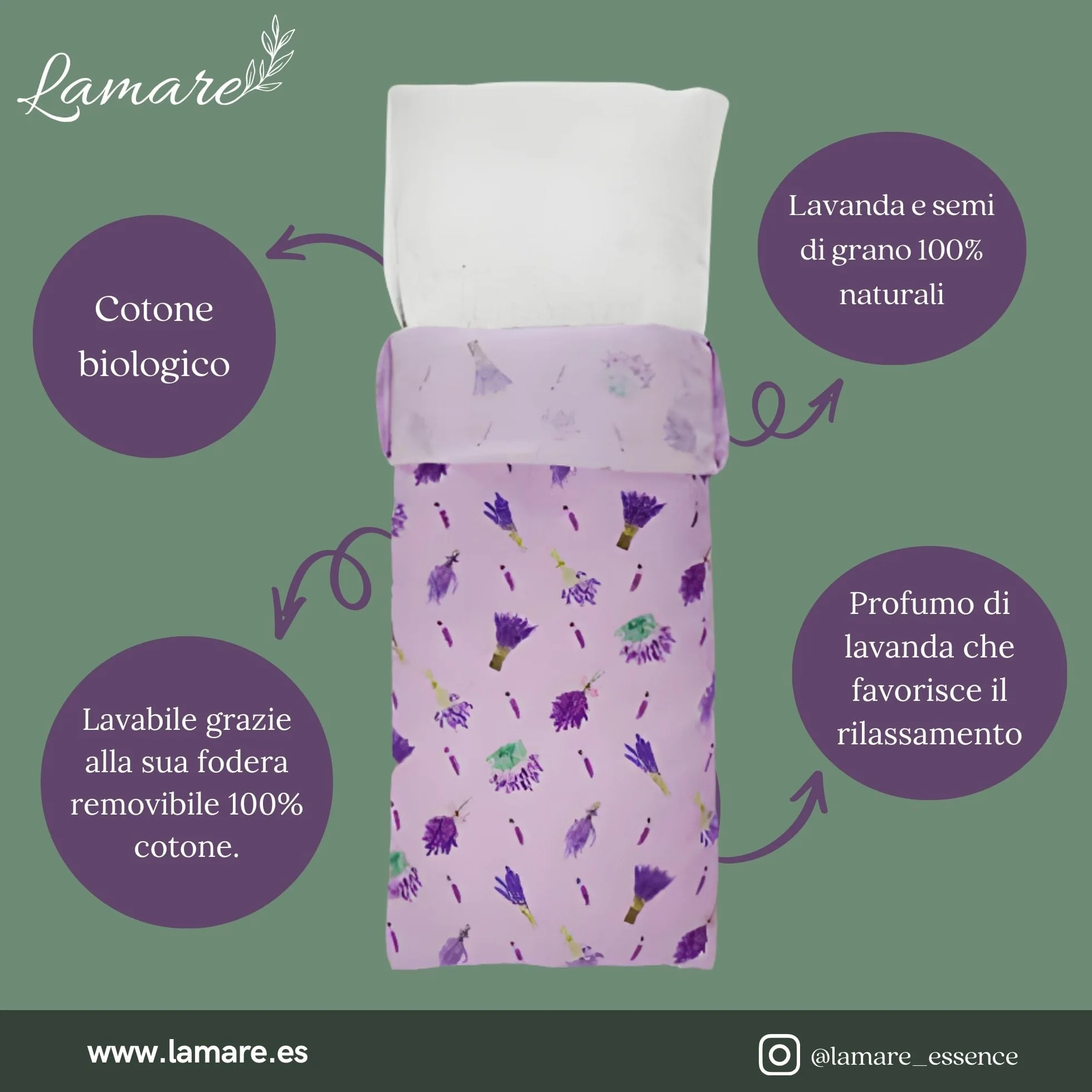 Lamare - Cuscino termico con semi di grano ecologico e lavanda, 48 x 15 cm, rivestimento lavabile 100% cotone, per cervicale e coliche, terapie a freddo e caldo, Lavanda stampata