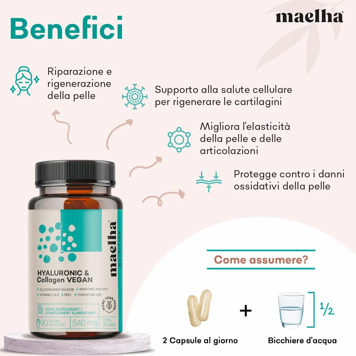 Acido Ialuronico e Collagene VEGANO Integratore 90 Capsule con Vitamina C E Zinco Coenzima Q10 Pino Marittimo