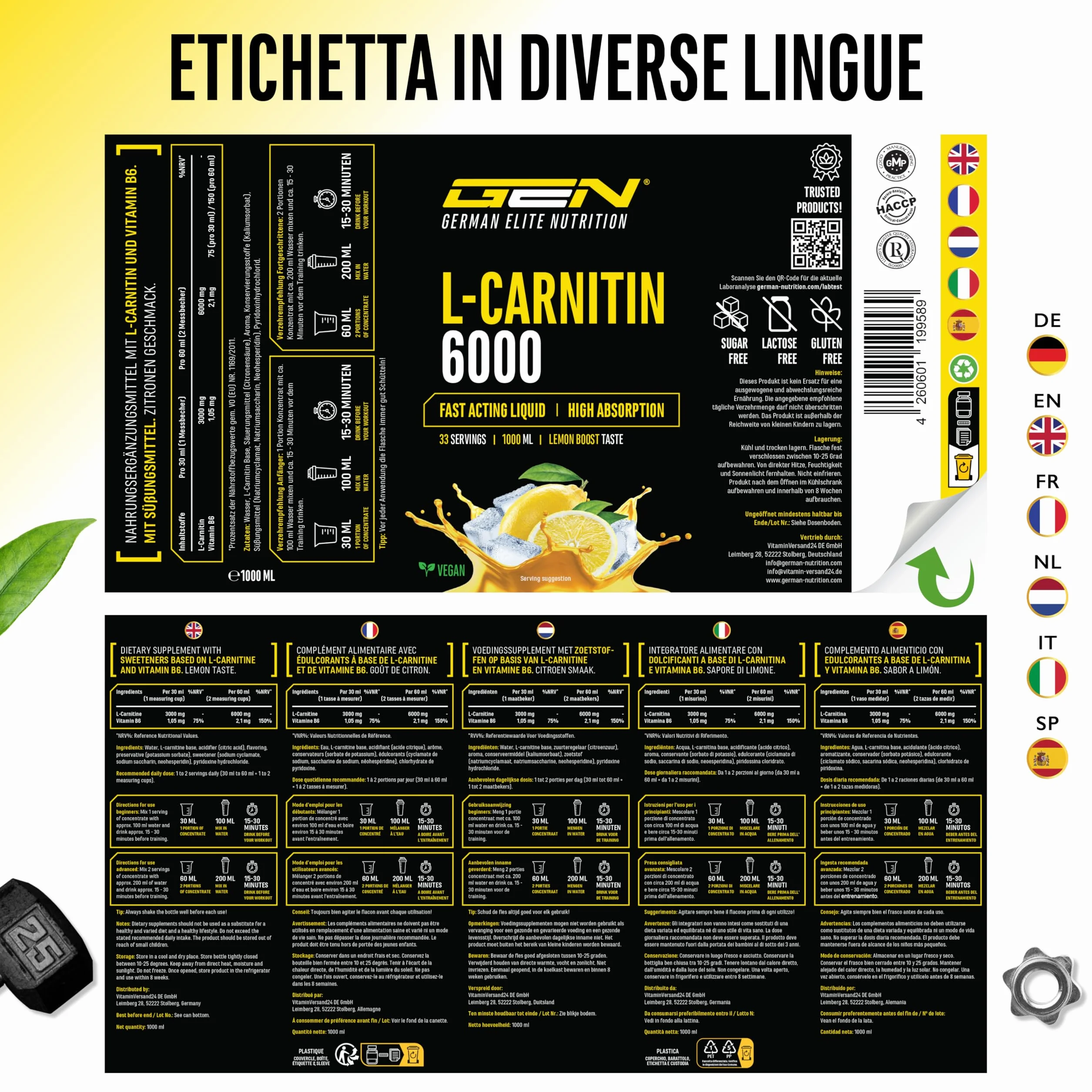 L-Carnitina 6000 Liquido 1000 ml, Integratore con 6000 mg di L-carnitina pura per dose giornaliera, Bevanda aminoacida per l'allenamento, Gusto Lemon Boost, Vegano