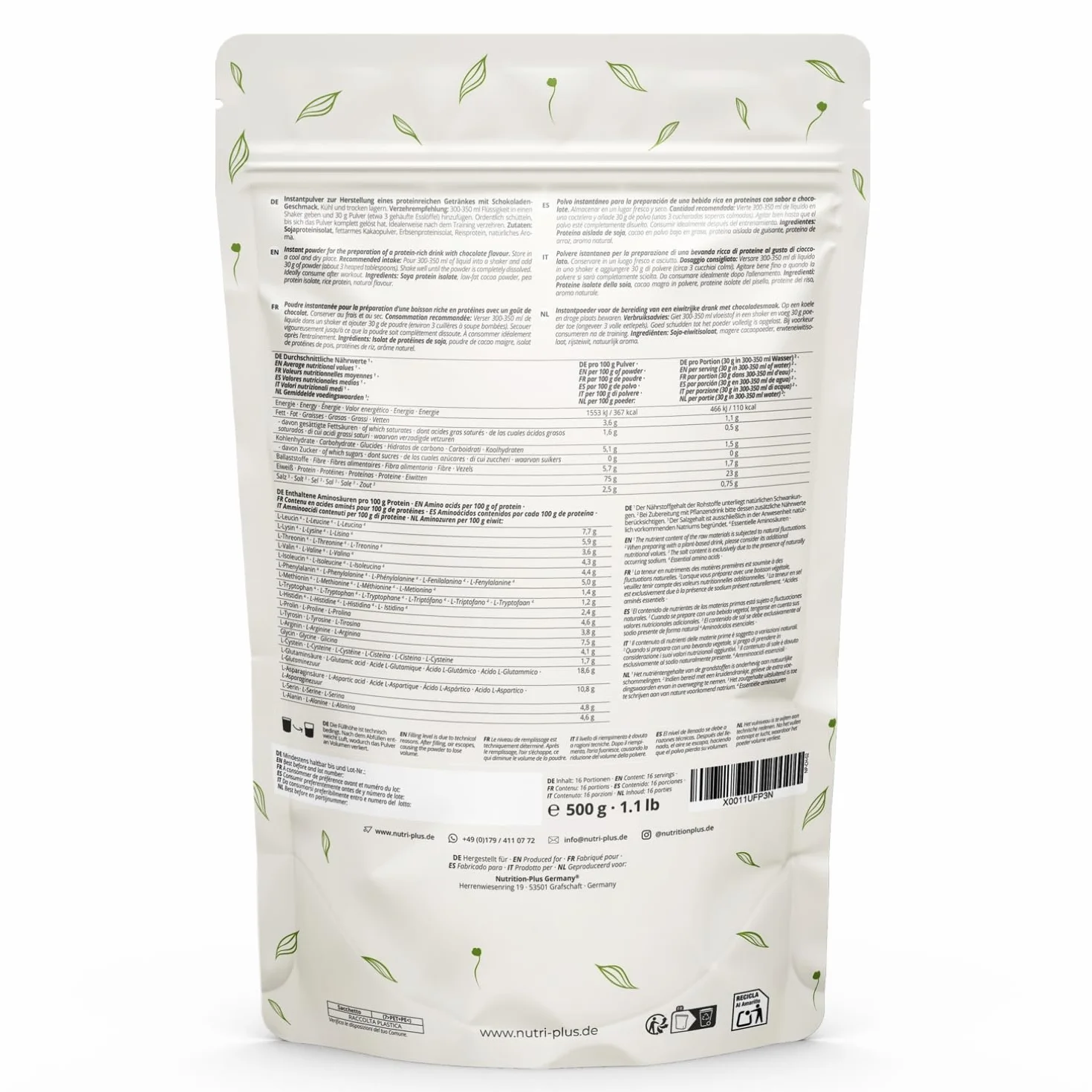 nutri+ Proteine in Polvere Naturali Cioccolato senza Edulcoranti 500g Proteina di Soia e Piselli Bibita Sportiva senza Lattosio per Shake o per Cucinare senza Glutine Vegano