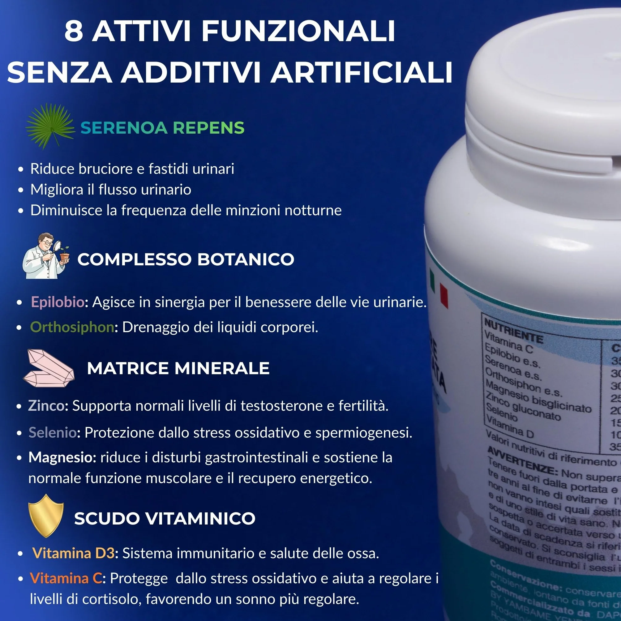 Integratore Prostata Uomo Serenoa Repens Saw Palmetto Epilobio Orthosiphon Zinco Selenio Magnesio Bisglicinato Vitamina C D3 120 Capsule