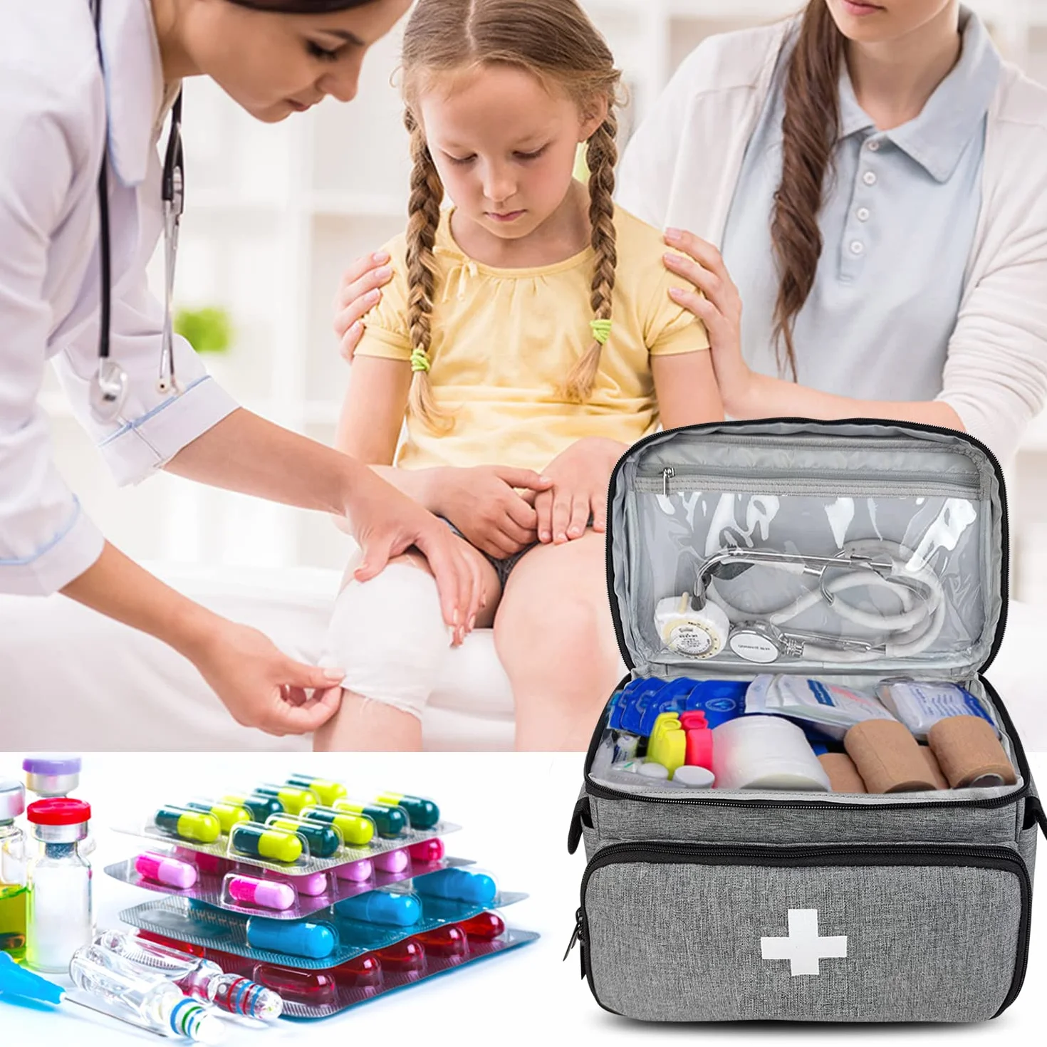 Kit di pronto soccorso Boczif, Borsa di trasporto per emergenza, Organizer medico per casa ufficio viaggi all'aperto (grigio)