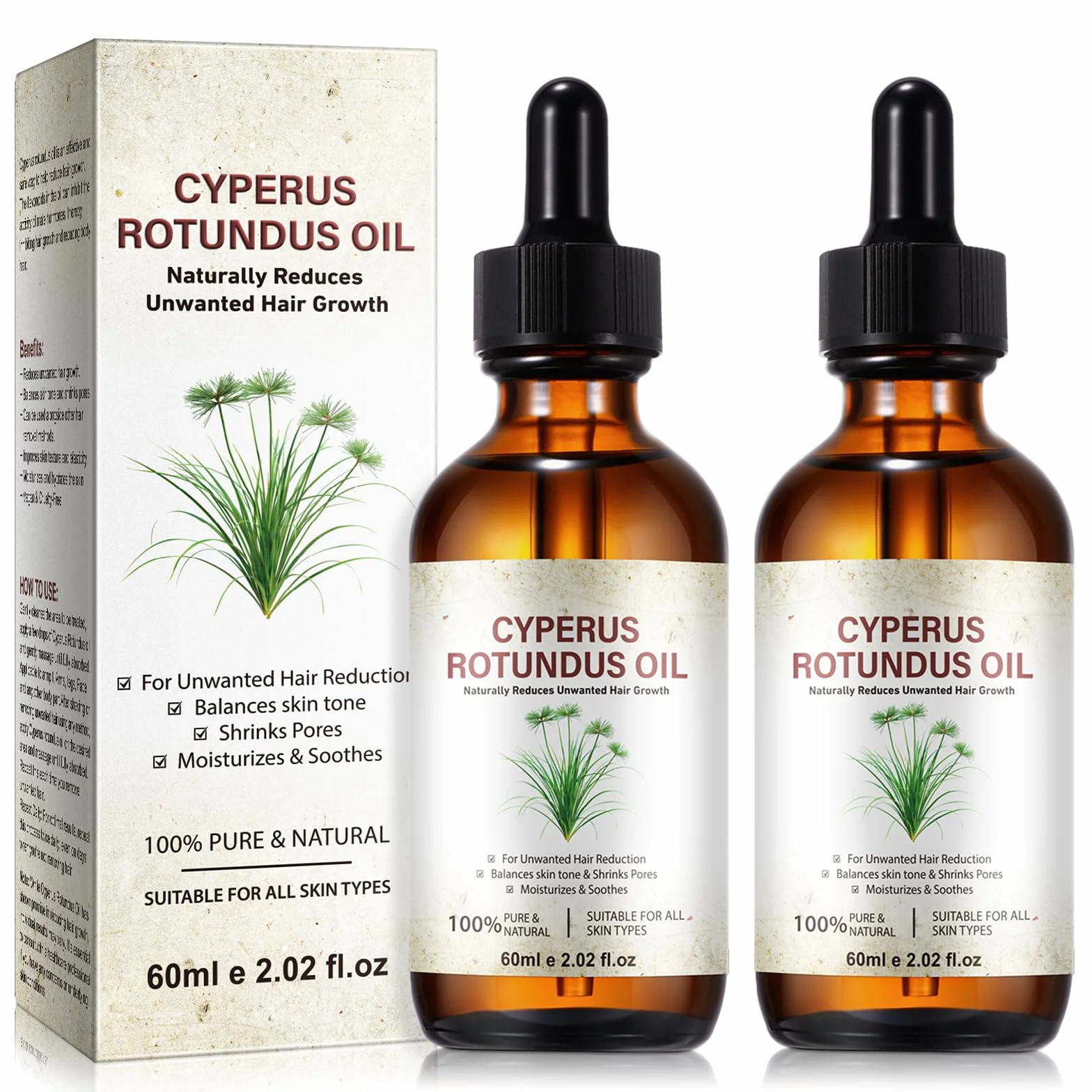 Olio di Cyperus Rotundus, Olio per rimozione dei peli Cyperus Rotundus 120ML – Ripara con peptidi, riduce la crescita dei peli e perfeziona i pori | Bloccante naturale del DHT per una pelle