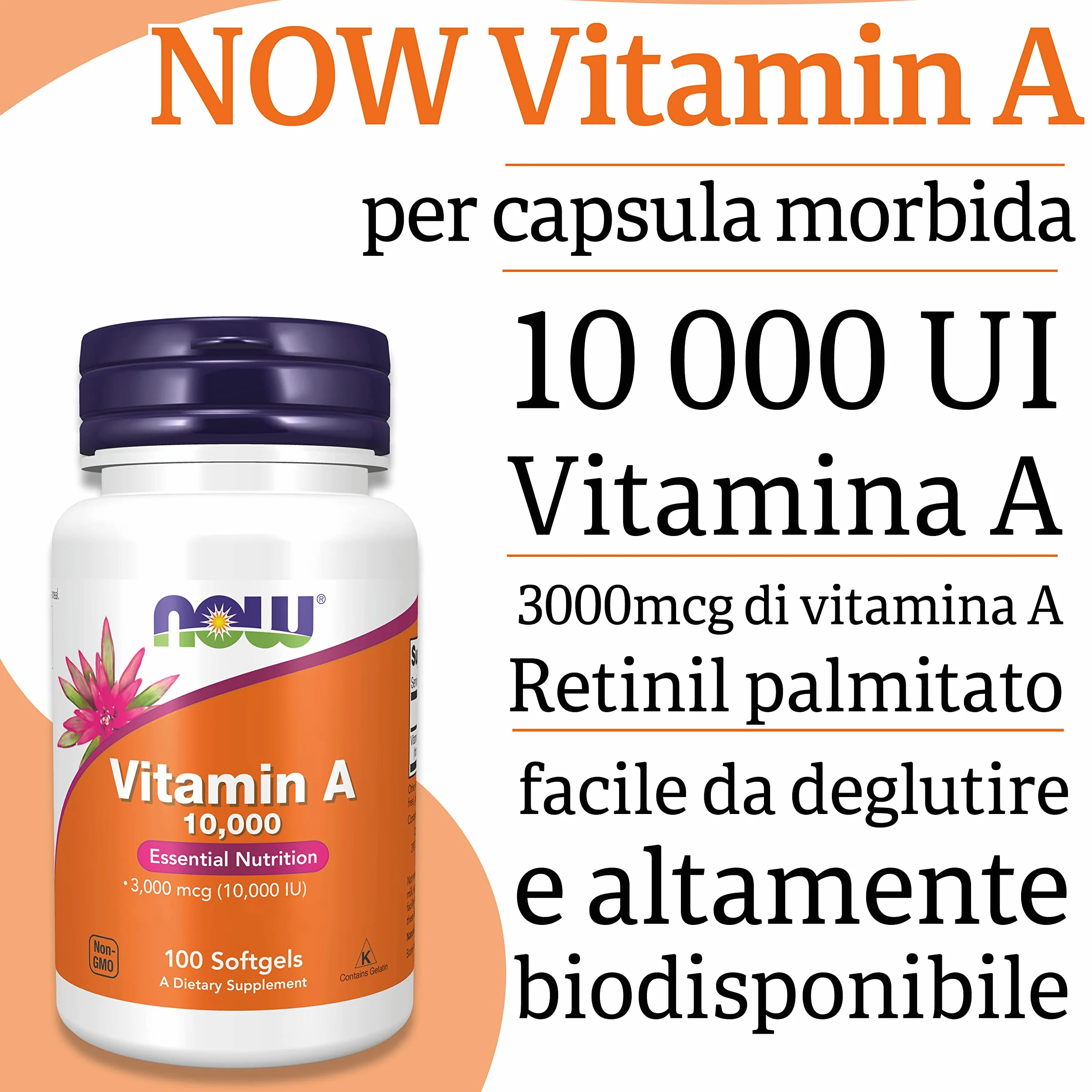 Now Foods Vitamina A 10000IU, 3000mcg, da palmitato di retinile e olio di fegato di merluzzo, ad alto dosaggio, 100 capsule, Testato in Laboratorio, Senza Glutine, Senza Soia, Non-GMO