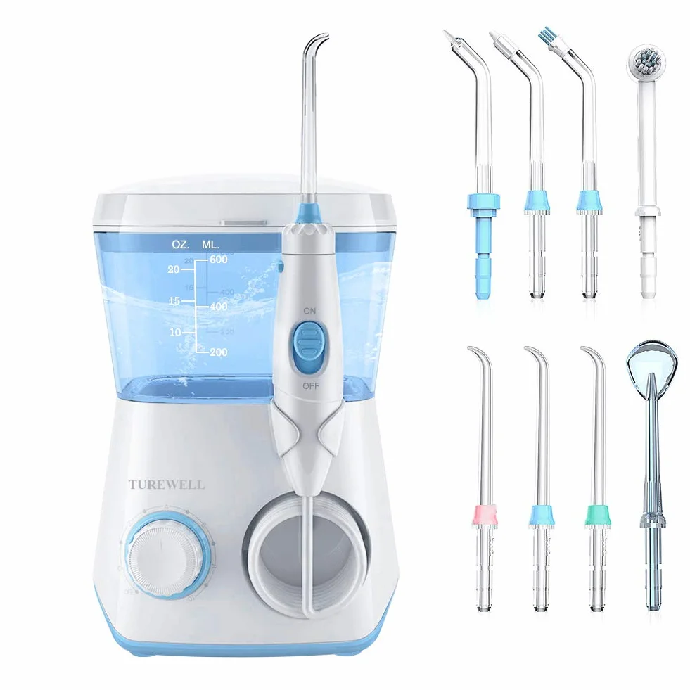 Idropulsore Dentale, TUREWELL Irrigatore Orale Getto Acqua Denti da Capacità 600ml con 10 Impostazioni, Pulizia Doccetta Idropulitore Dentale con 8 Becchucci per Cura Famiglia Dentale