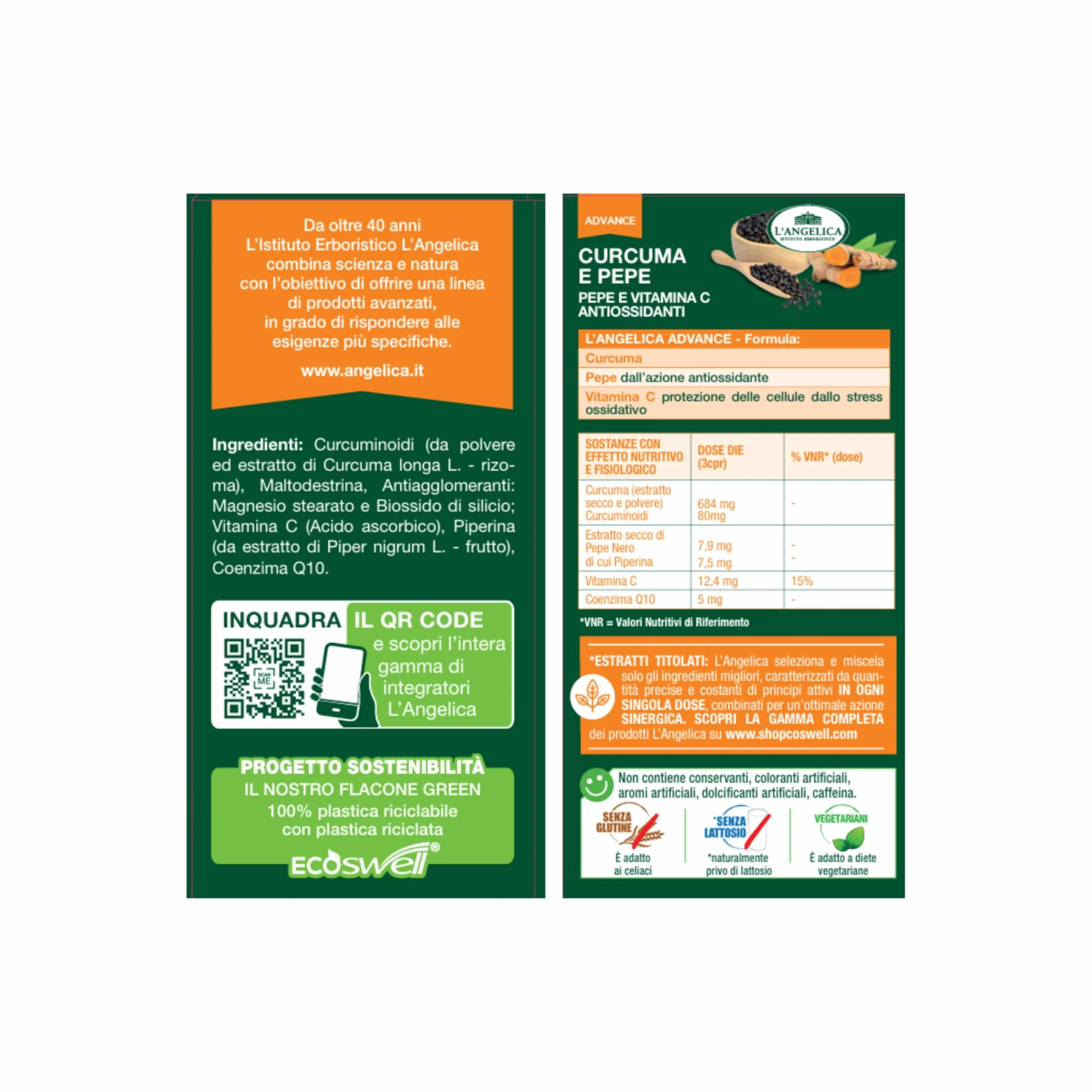 L'Angelica Integratore Curcuma e Pepe 75 Compresse Antiossidante Senza Lattosio Senza Glutine