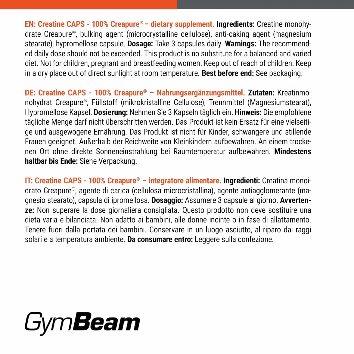 GymBeam Creatina Monoidrato Capsule Creapure® per prestazioni fisiche atleti resistenza sport squadra