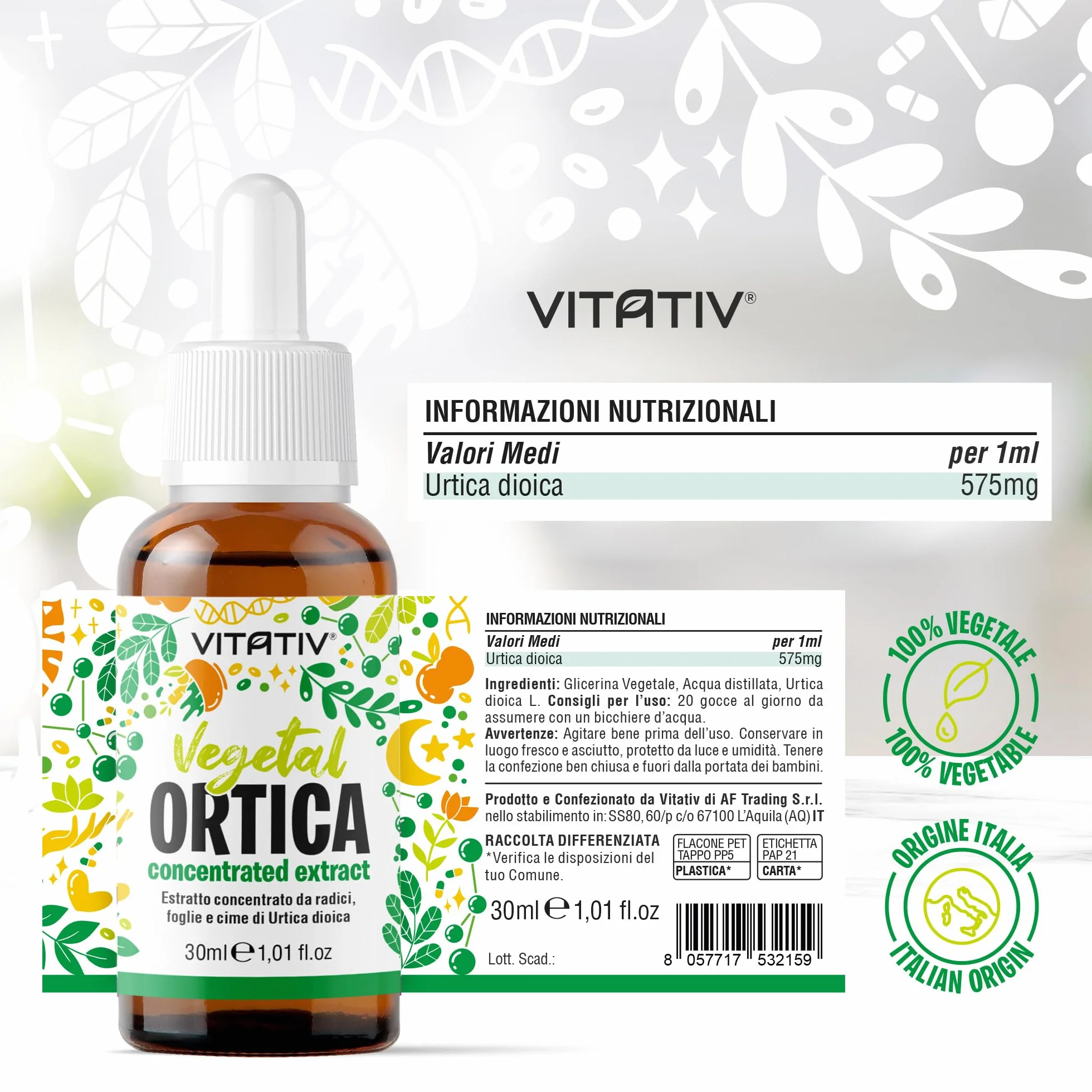 Vitativ Ortica Urtica Dioica Estratto Concentrato Analcolico Liquido Gocce 30 ml Vegano