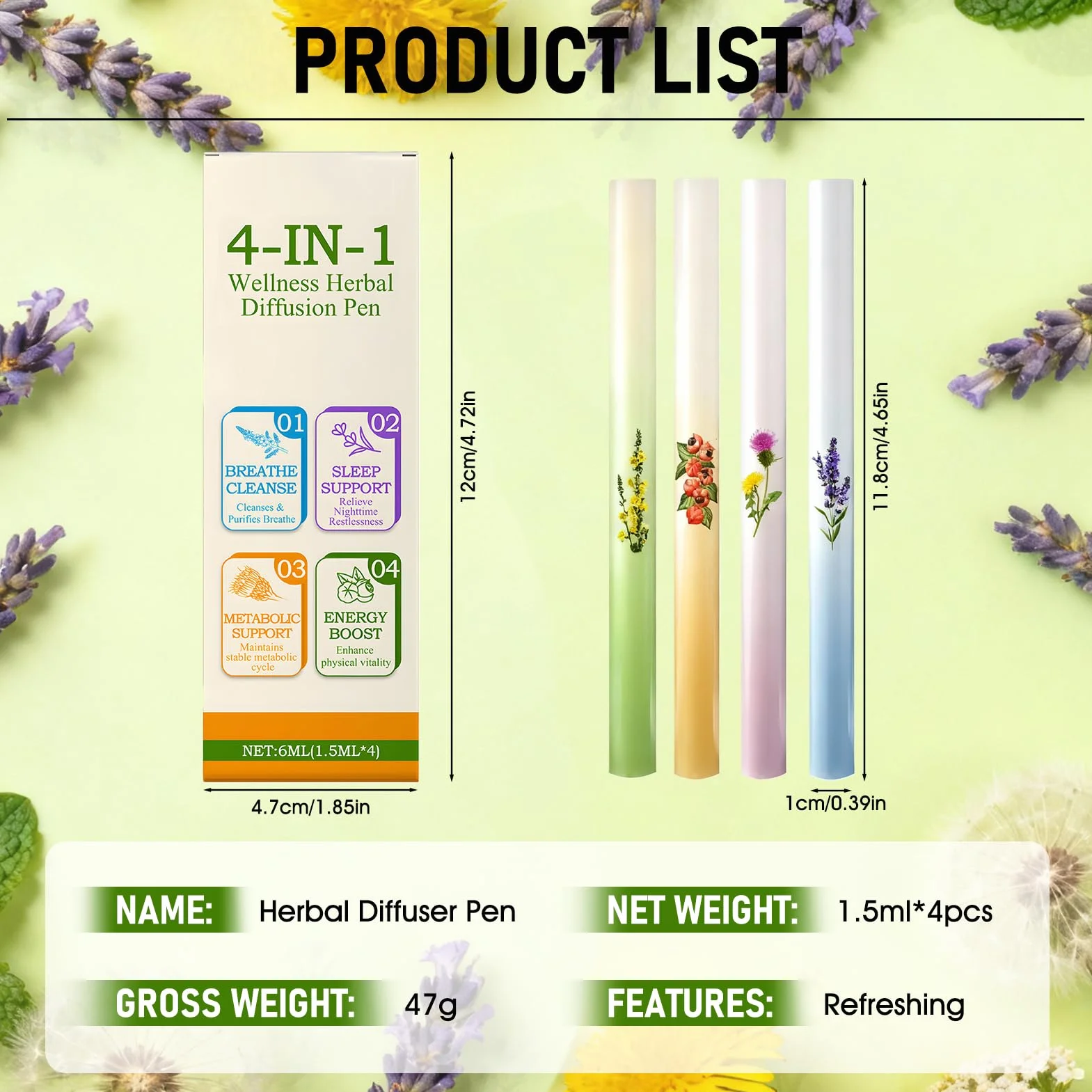4 PCS Diffusore di Erbe Aromatiche, Herbal Diffuser Pen, Formula con Estratti Vegetali Multipli, Design Portatile, Aumenta l'energia, Rinfrescante e Rinvigorente