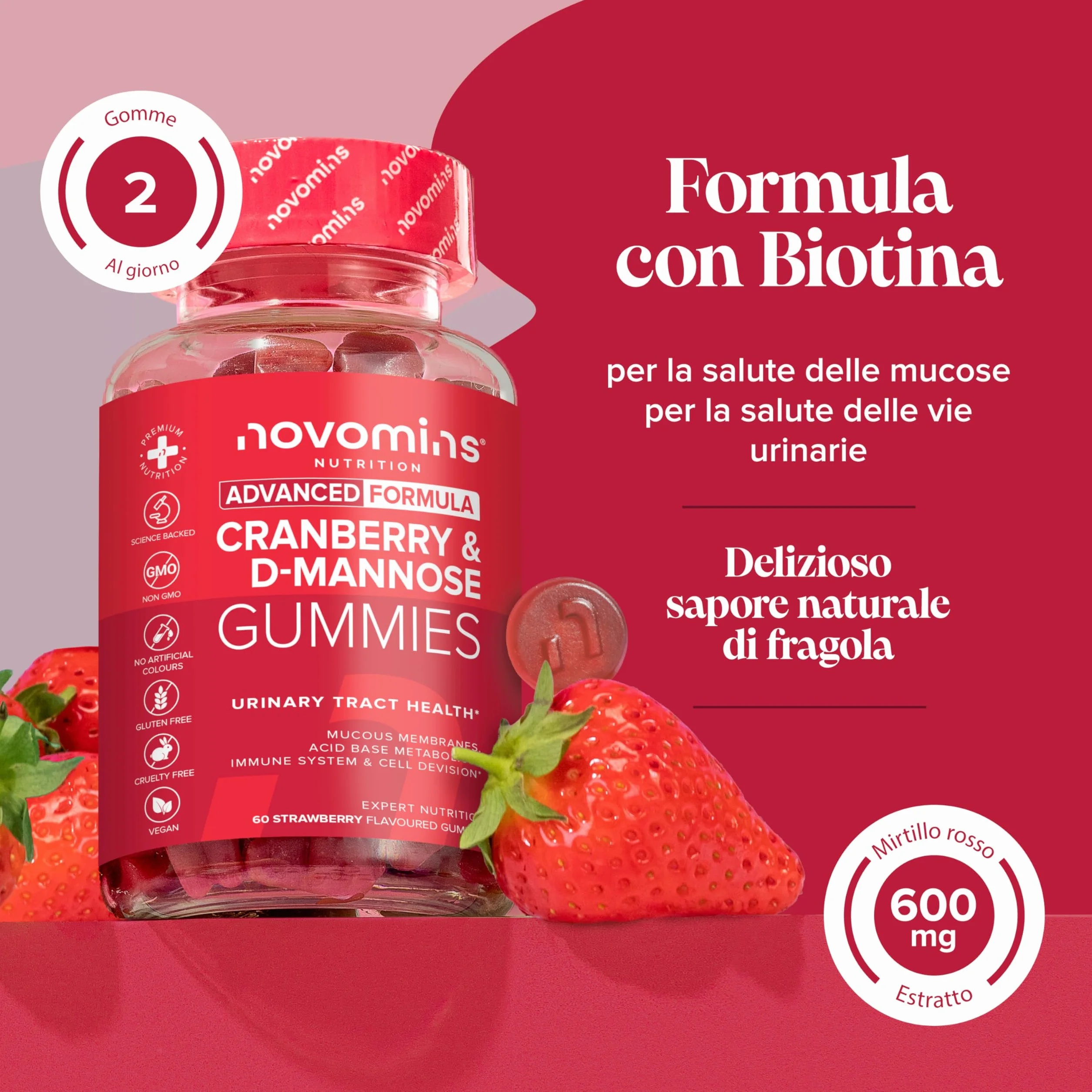 Mirtillo Rosso e D-Mannosio Gommose – 600 mg Mirtillo + 400 mg D-Mannosio – con Zinco e Biotina – Vegan, Senza Glutine – 60 Gommose Gusto Fragola – Novomins