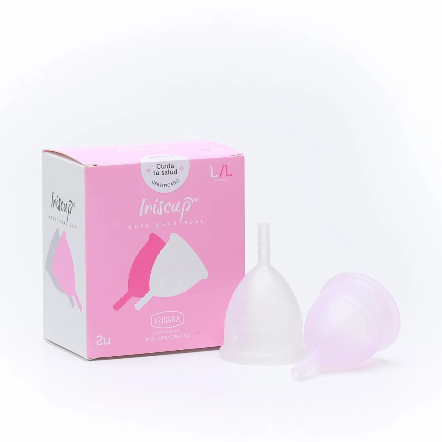 Irisana - Coppetta Mestruale - Confezione da 2 Unità - Taglia L - Rosa e Trasparente - 9 x 6 x 10 cm - Silicone Chirurgico - Compatibile con IUD - Modello Iriscup