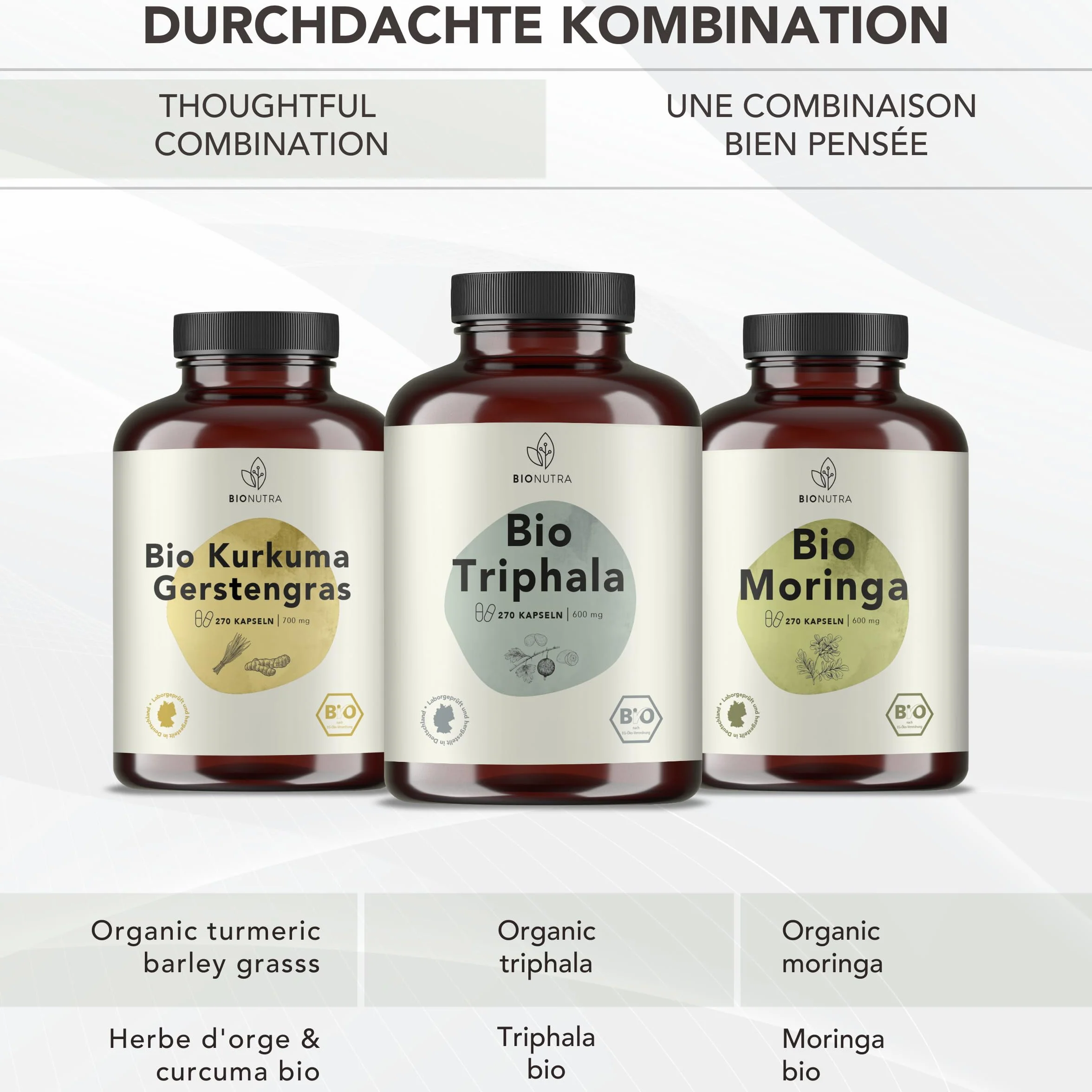 BIONUTRA® Capsule Triphala bio alto dosaggio, 1200 mg/giorno, controllo residui, produzione tedesca, vegane, senza lattosio né glutine, senza additivi, polvere Triphala bio, 270 x 600 mg