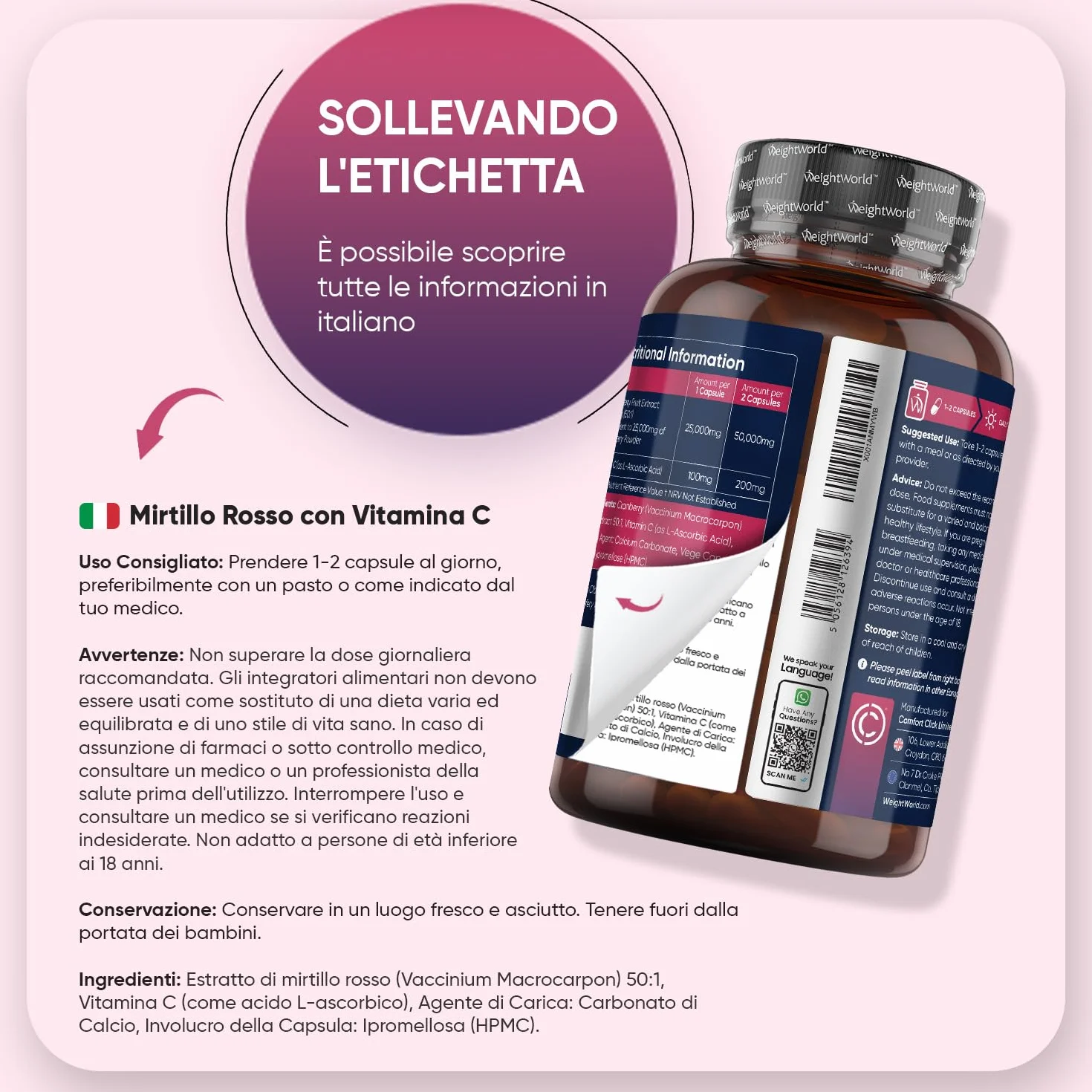 Mirtillo Rosso Vegano 180 Cranberry Capsule 25000mg per Capsula Integratore Alimentare Estratto 50:1 con Vitamina C