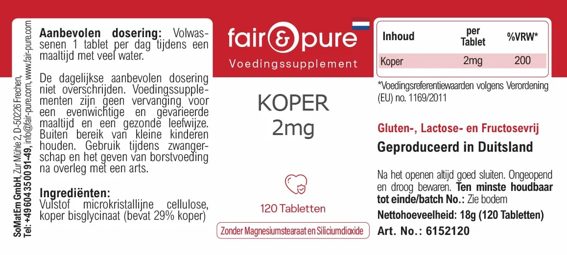 Fair & Pure® - Rame bisglicinato 2mg - Integratore di rame - Buona disponibilità biologica - Vegan - 120 Compresse