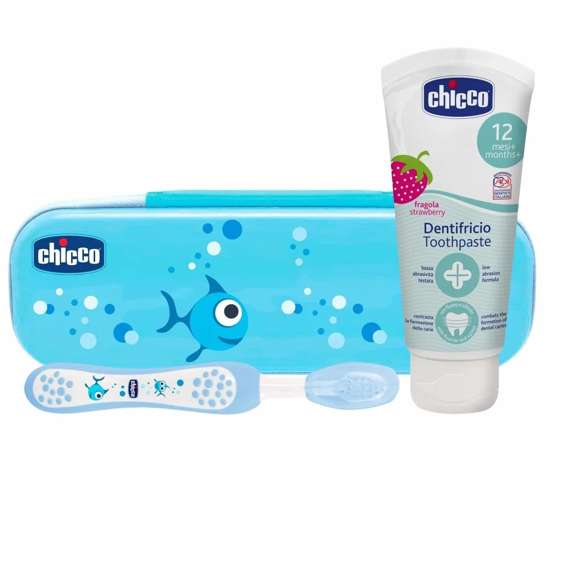 Chicco Set Dentale per Bambini, L'Astuccio Contiene Un Dentifricio 12 Mesi + e Uno Spazzolino, Azzurro