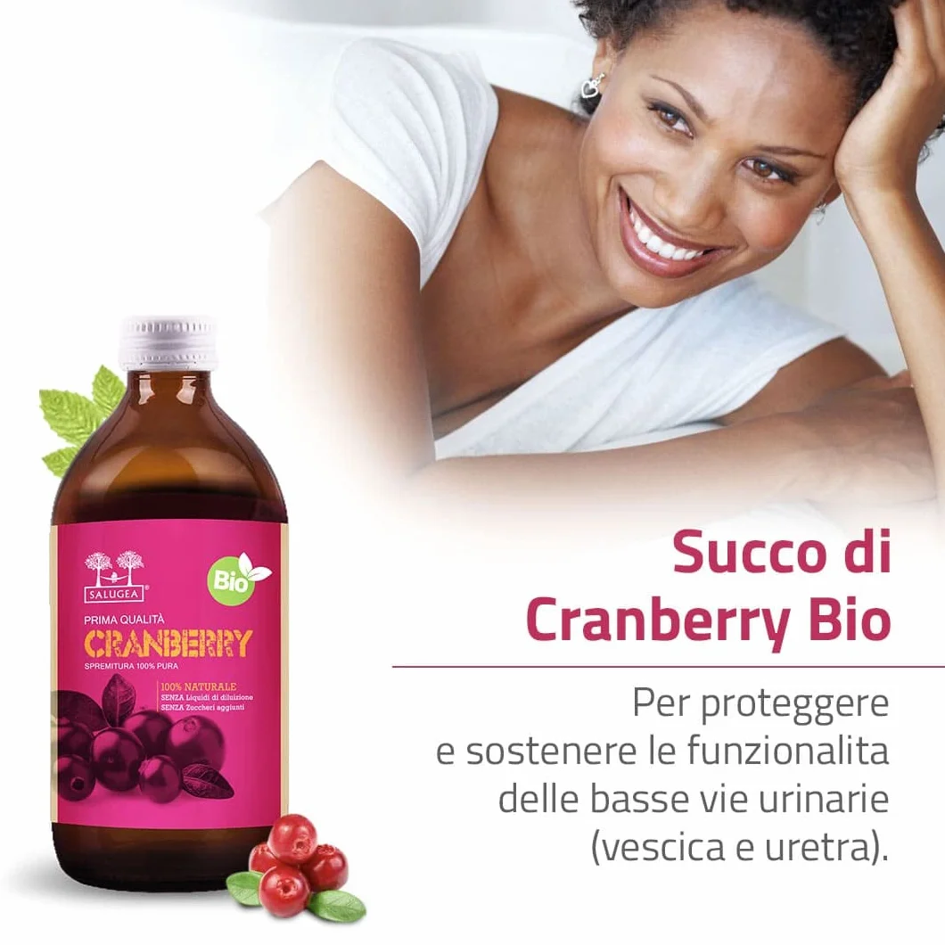 SUCCO DI CRANBERRY BIO Salugea - Mirtillo Rosso Americano - 100% Puro E Biologico - Integratore per le Vie Urinarie e Sistema Immunitario - Flacone in Vetro Scuro Farmaceutico - 500 ml