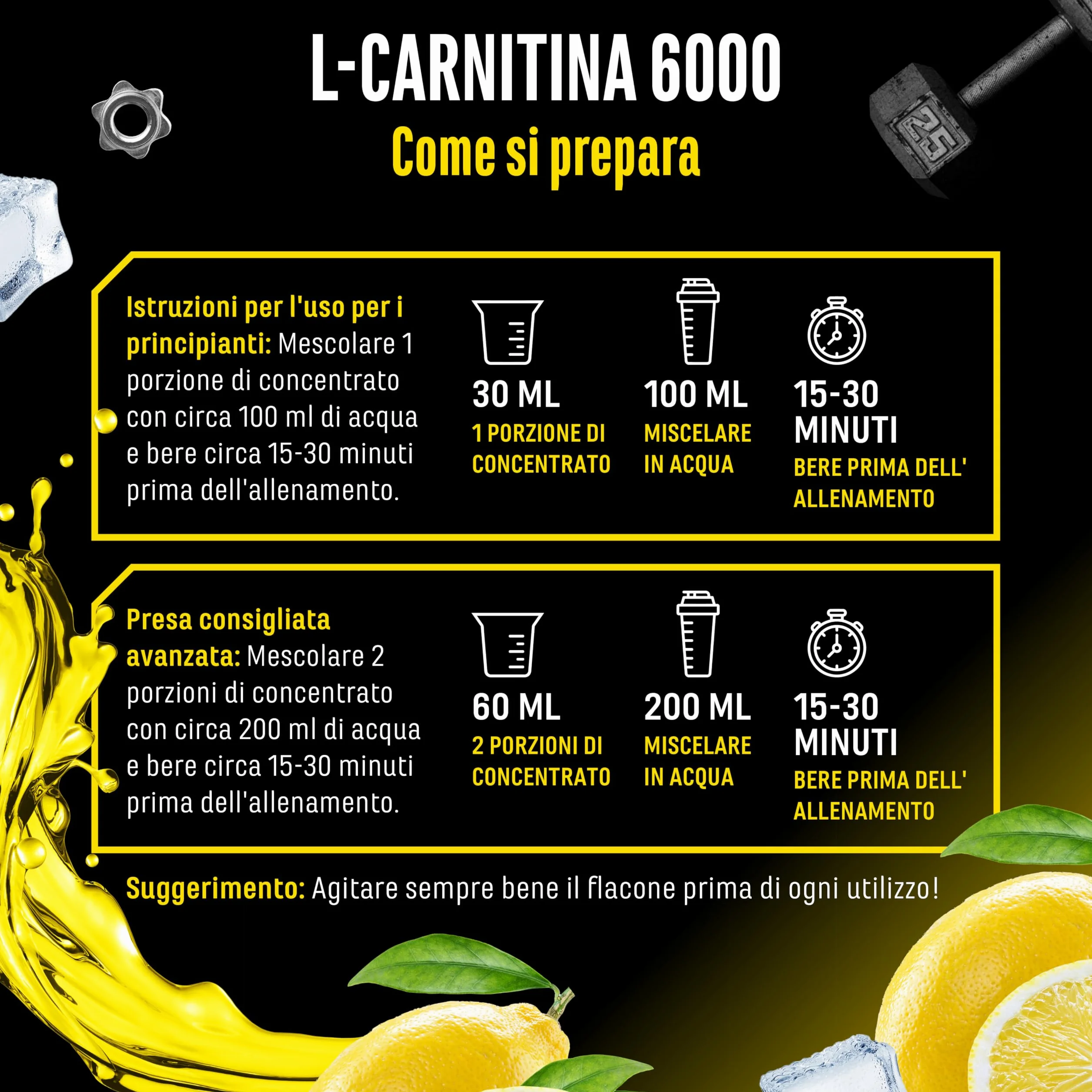 L-Carnitina 6000 Liquido 1000 ml, Integratore con 6000 mg di L-carnitina pura per dose giornaliera, Bevanda aminoacida per l'allenamento, Gusto Lemon Boost, Vegano