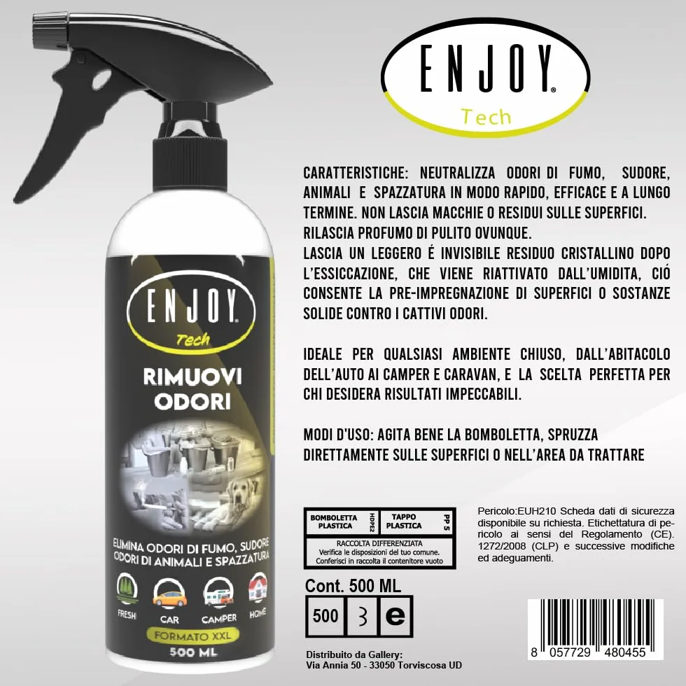ENJOY TECH Rimuovi Odori Spray 500 ml – Neutralizza Odori di Fumo, Animali, Cibo e Sudore – Made in Italy