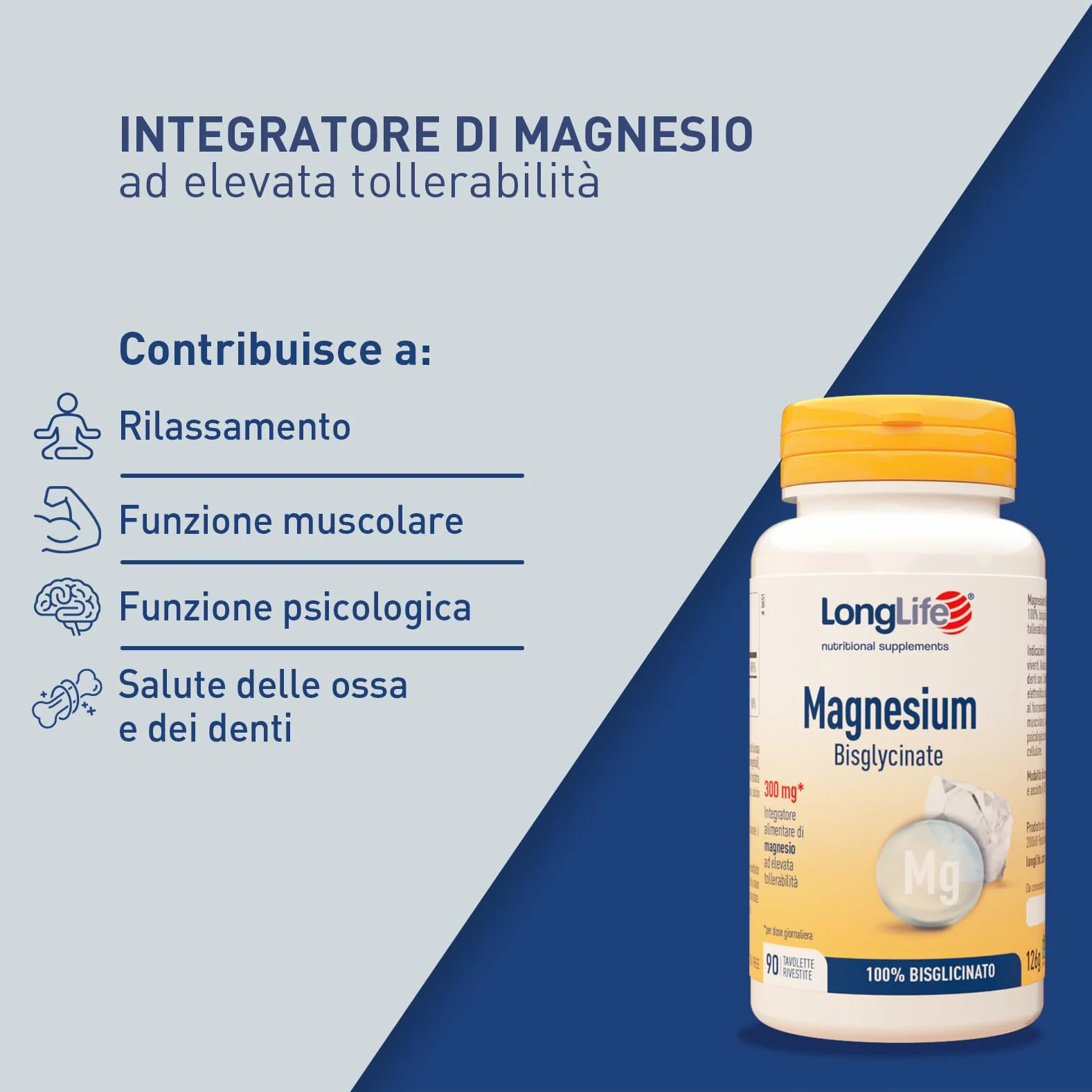 LongLife® Magnesium Bisglycinate | 100% magnesio bisglicinato | Elevata tollerabilità e biodisponibilità | Integratore di magnesio per rilassamento e stress | 90 tavolette | Vegano e senza glutine